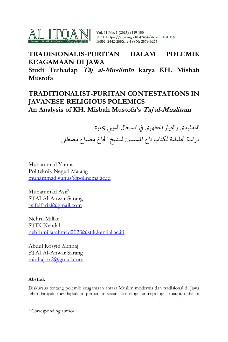 JURIS TRADISIONALIS PURITAN DALAM POLEMIK KEAGAMAAN DI JAWA Studi Terhadap TAj al Muslimn karya KH Misbah Mustofa