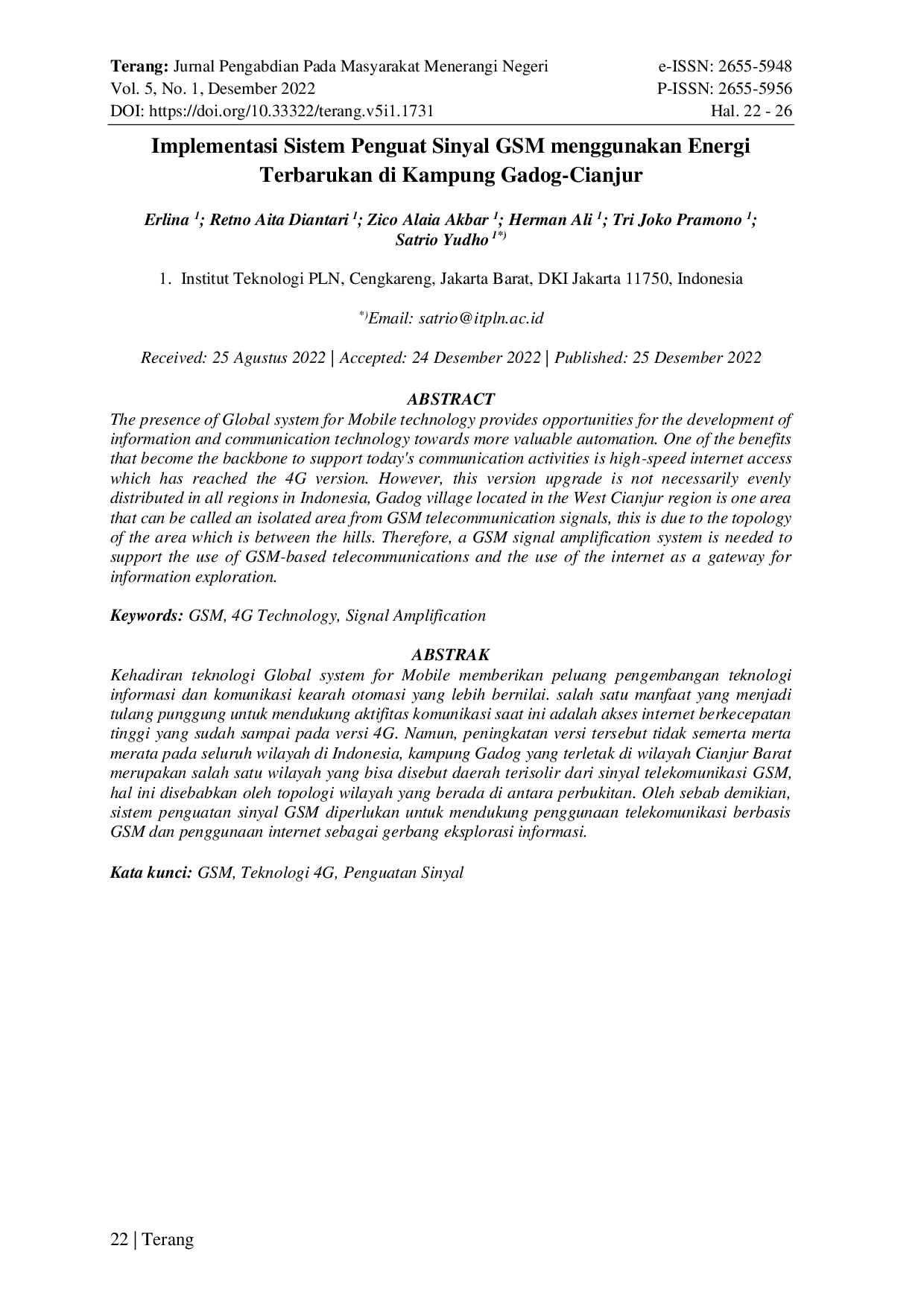 JURIS Implementasi Sistem Penguat Sinyal GSM Menggunakan Energi Terbarukan di Kampung Gadog Cianjur