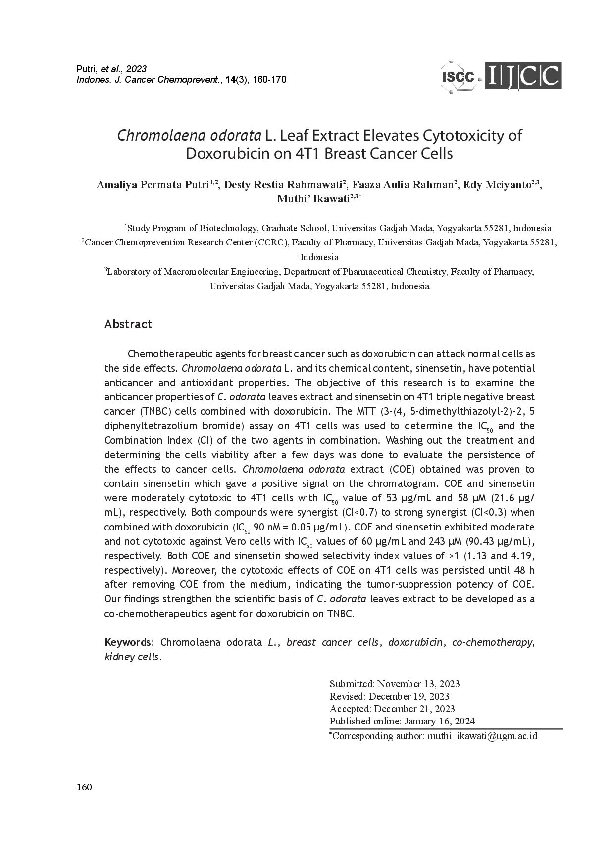juris Chromolaena odorata L Leaf Extract Elevates Cytotoxicity of Doxorubicin on 4T1 Breast Cancer Cells