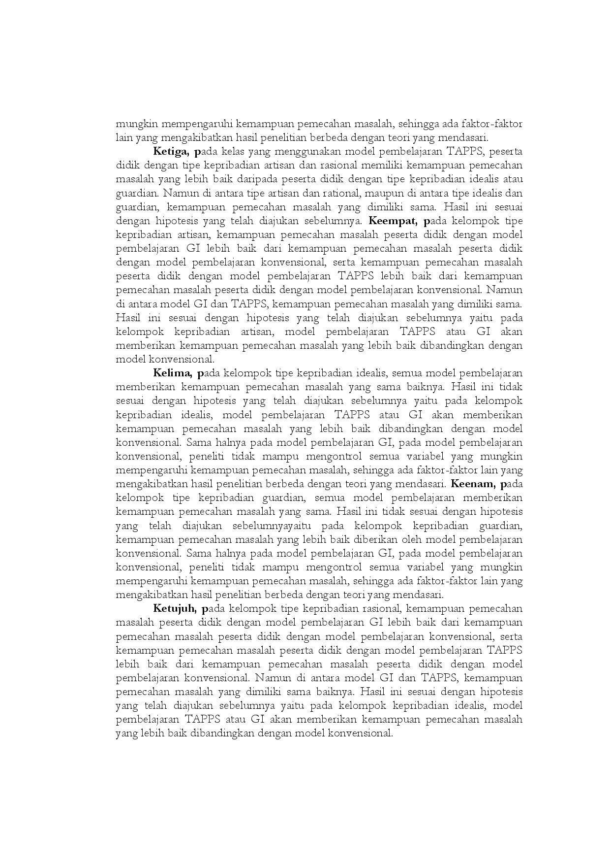 juris Eksperimentasi Model Pembelajaran Kooperatif Tipe Tapps dan GI pada Kemampuan Pemecahan Masalah Matematika Ditinjau dari Tipe Kepribadian Peserta Didik SMP Se Kabupaten Pacitan