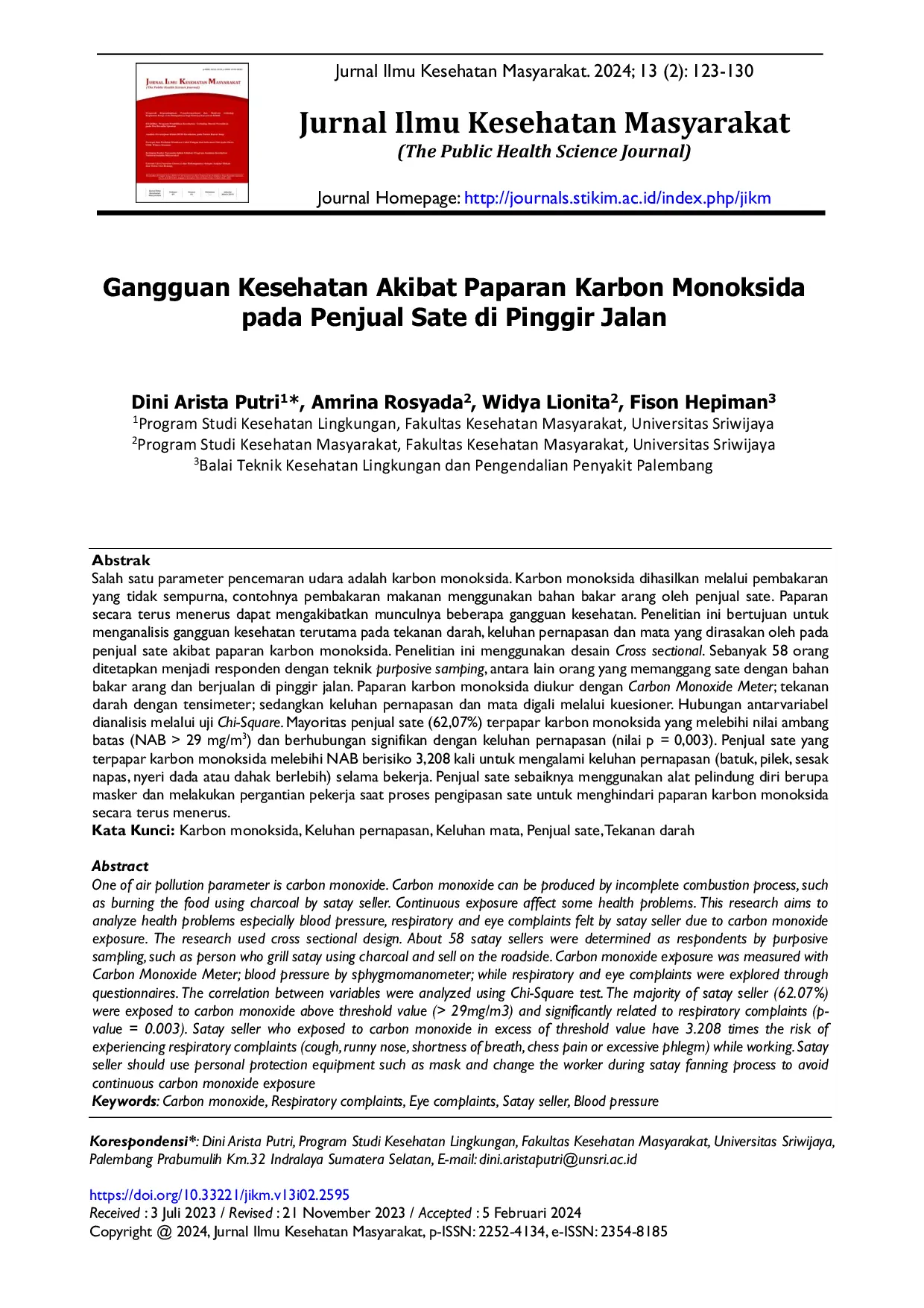 JURIS Gangguan Kesehatan Akibat Paparan Karbon Monoksida pada Penjual Sate di Pinggir Jalan