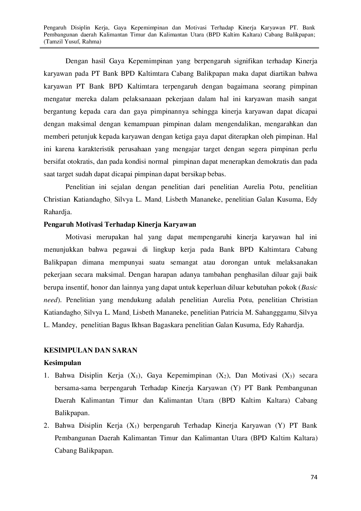 JURIS Pengaruh Disiplin Kerja Gaya Kepemimpinan Dan Motivasi Terhadap Kinerja Karyawan Pt Bank Pembangunan Daerah Kalimantan Timur Dan Kalimantan Utara Bpd Kaltim Kaltara Cabang Balikpapan