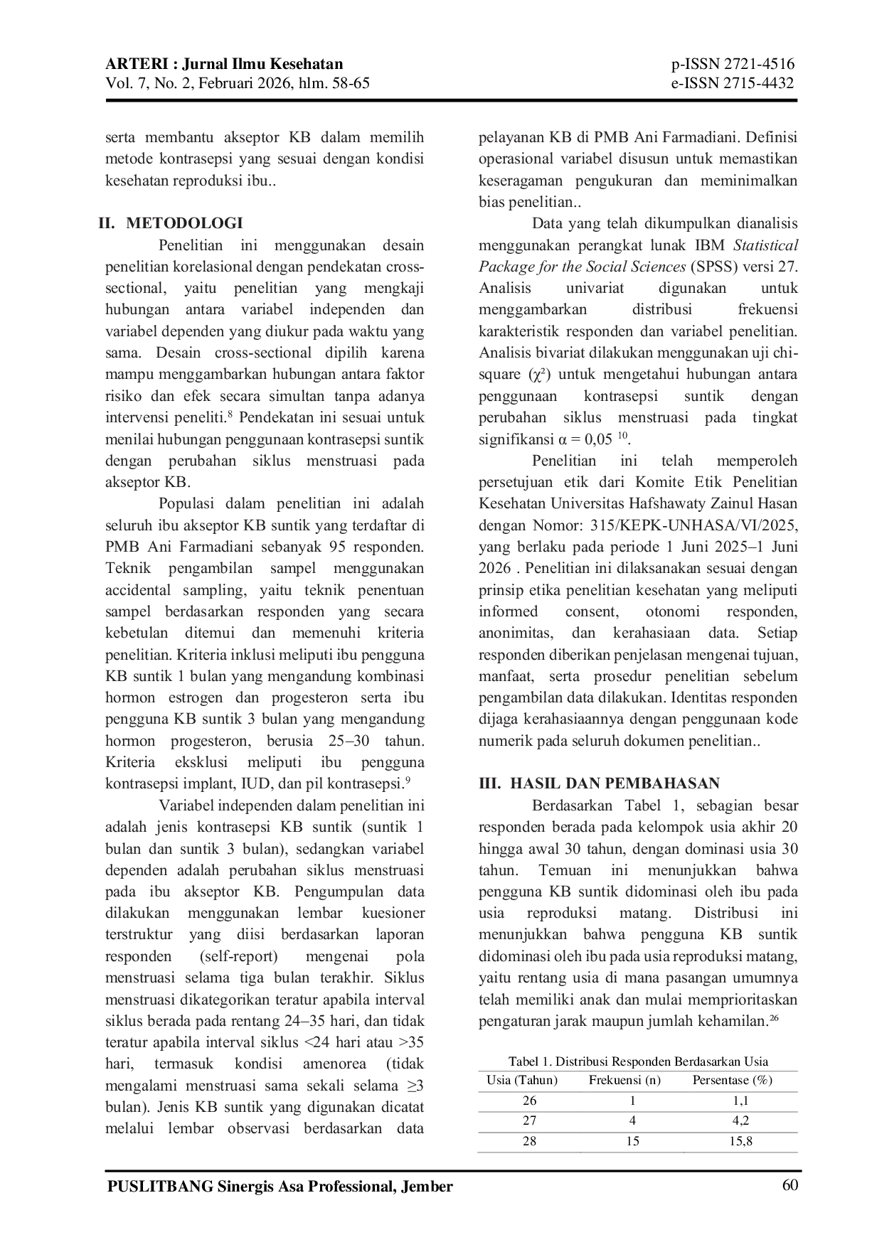 JURIS Hubungan Penggunaan Kontrasepsi Suntik dengan Perubahan Siklus Menstruasi pada Akseptor KB