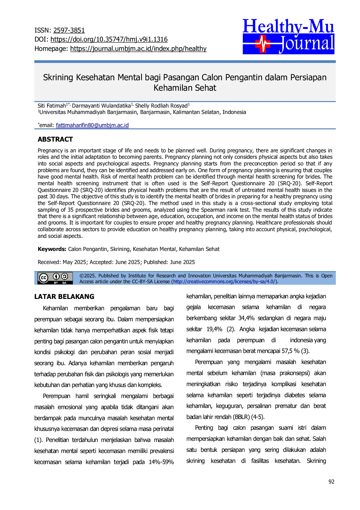 JURIS Skrining Kesehatan Mental bagi Pasangan Calon Pengantin dalam Persiapan Kehamilan Sehat