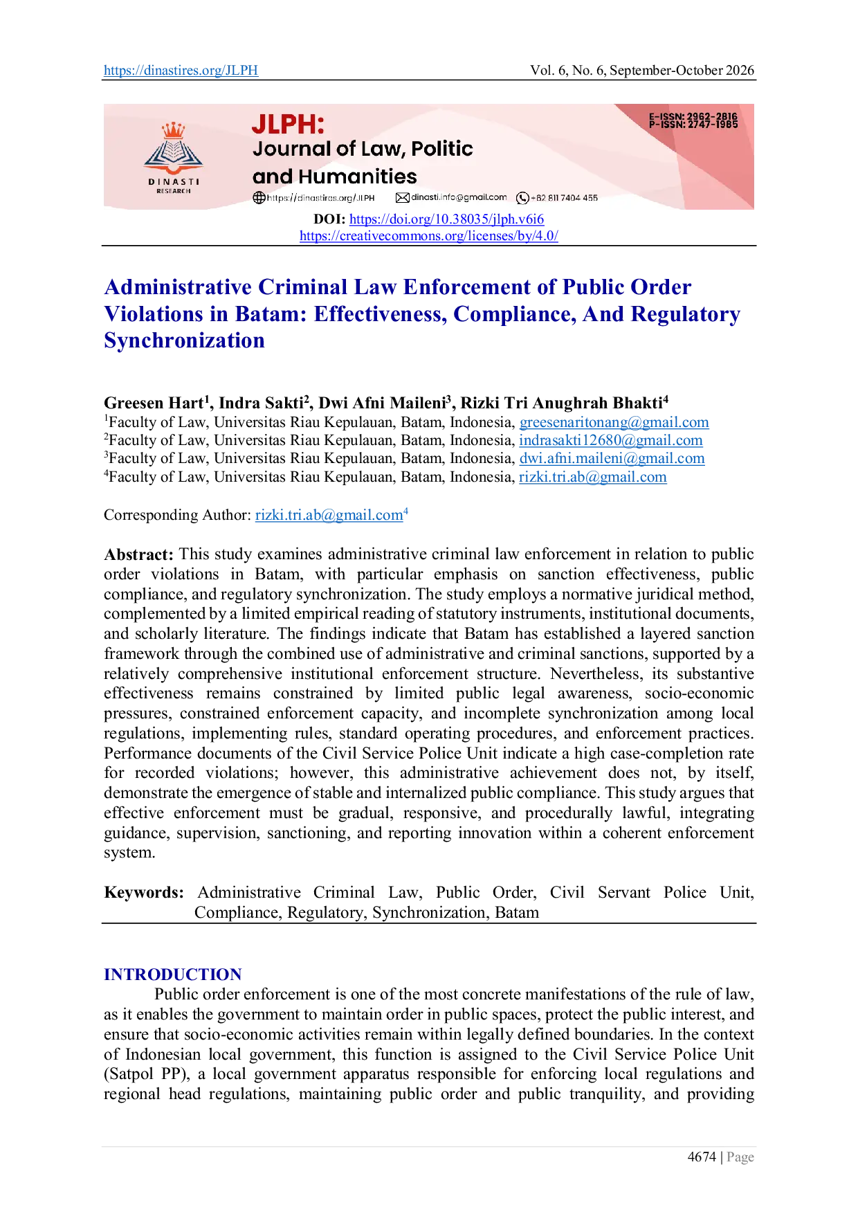 JURIS Administrative Criminal Law Enforcement of Public Order Violations in Batam Effectiveness Compliance And Regulatory Synchronization