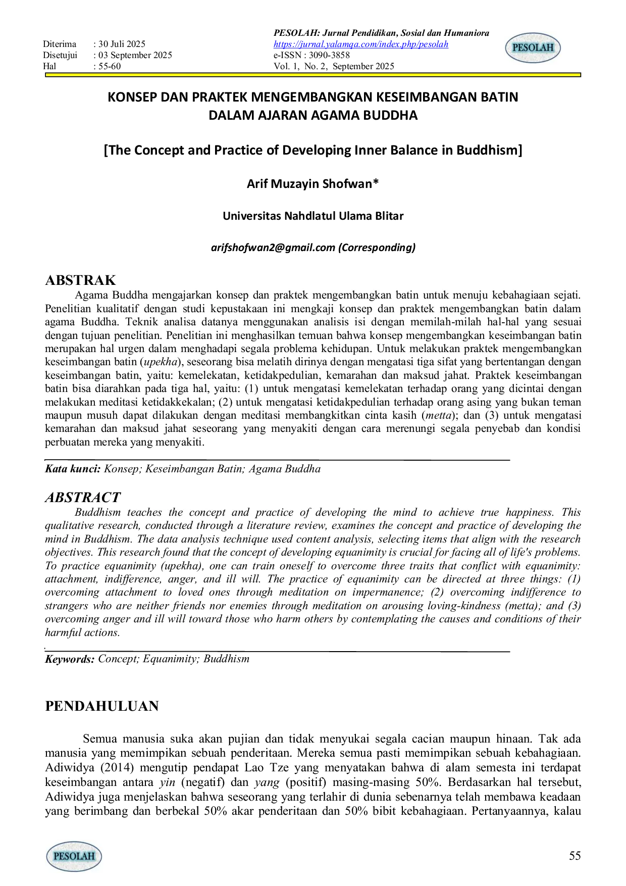 JURIS KONSEP DAN PRAKTEK MENGEMBANGKAN KESEIMBANGAN BATIN DALAM AJARAN AGAMA BUDDHA The Concept and Practice of Developing Inner Balance in Buddhism