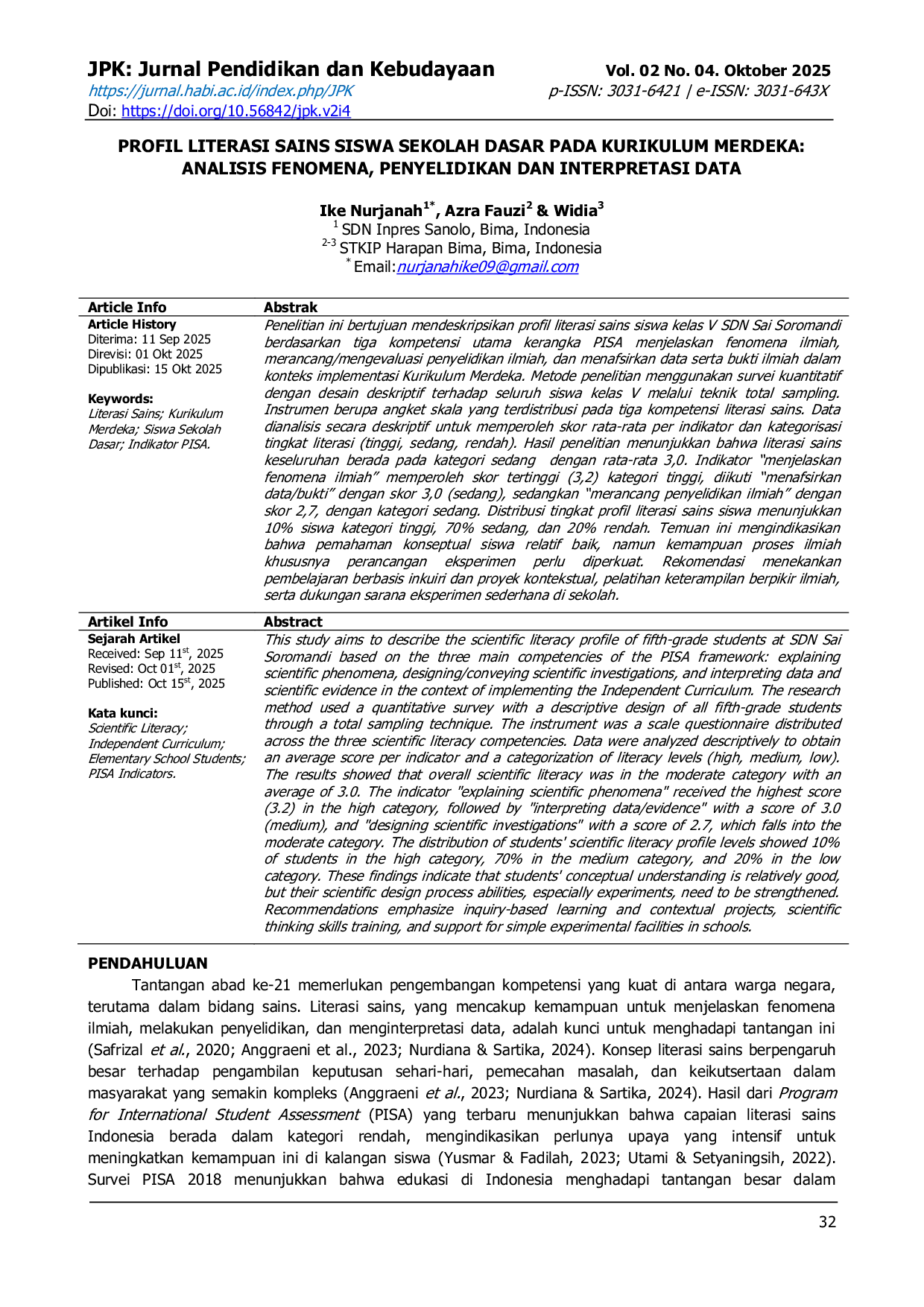 JURIS Profil Literasi Sains Siswa Sekolah Dasar pada Kurikulum Merdeka Analisis Fenomena Penyelidikan dan Interpretasi Data