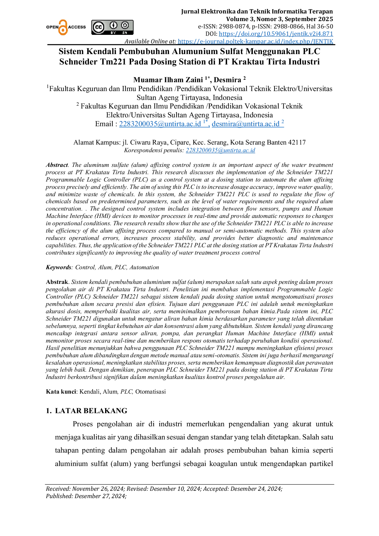 JURIS Sistem Kendali Pembubuhan Alumunium Sulfat Menggunakan PLC Schneider Tm221 Pada Dosing Station di PT Kraktau Tirta Industri