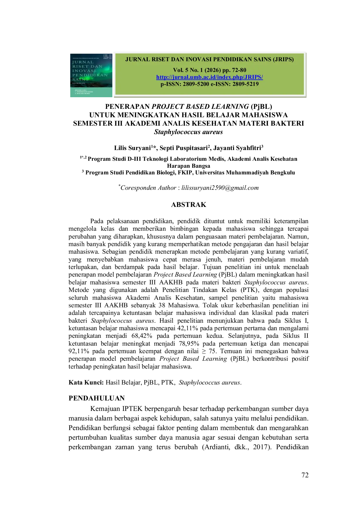 JURIS PENERAPAN PROJECT BASED LEARNING PjBL UNTUK MENINGKATKAN HASIL BELAJAR MAHASISWA SEMESTER III AKADEMI ANALIS KESEHATAN MATERI BAKTERI Staphylococcus aureus