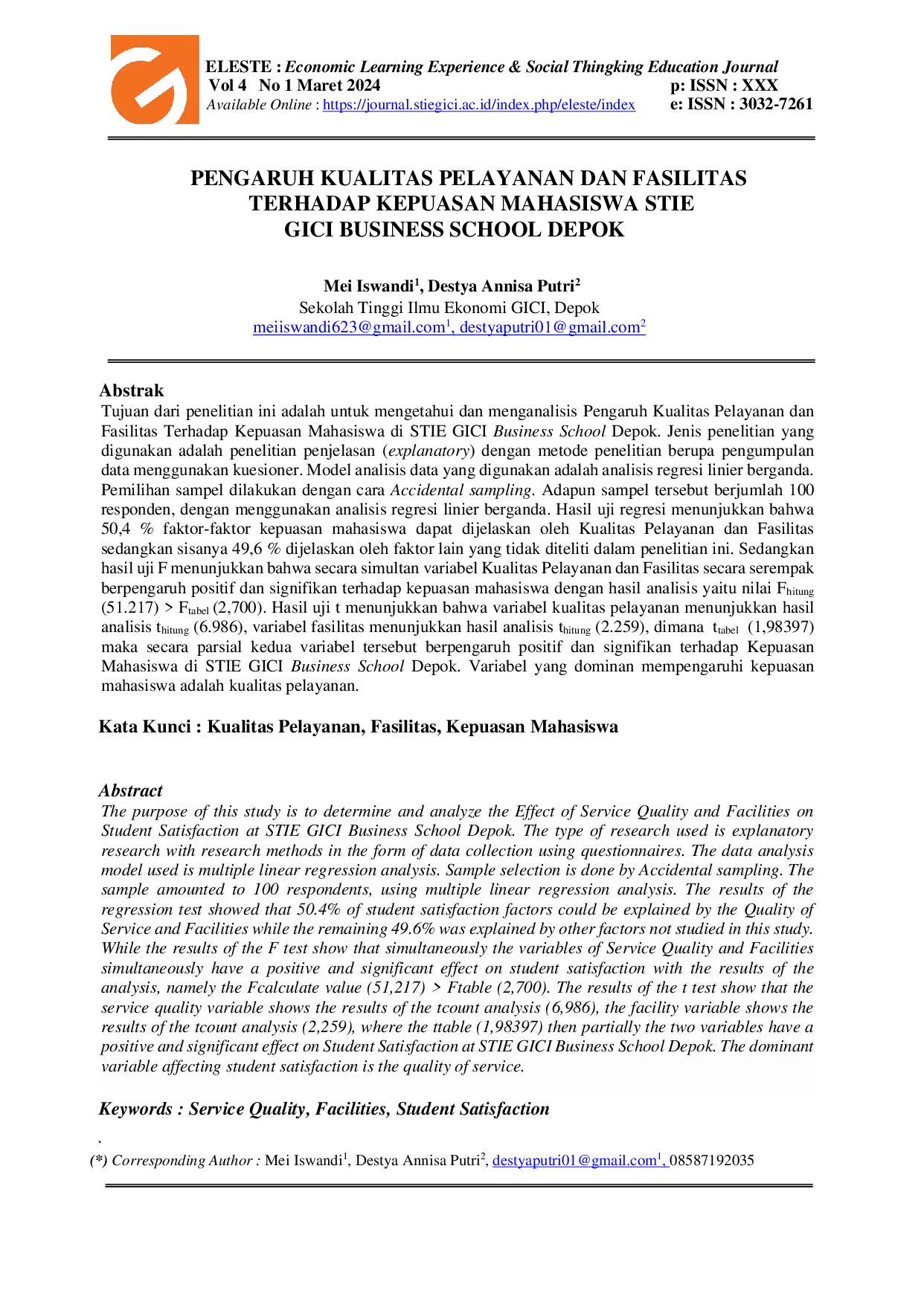 JURIS Pengaruh Kualitas Pelayanan dan Fasilitas Terhadap Kepuasan Mahasiswa STIE