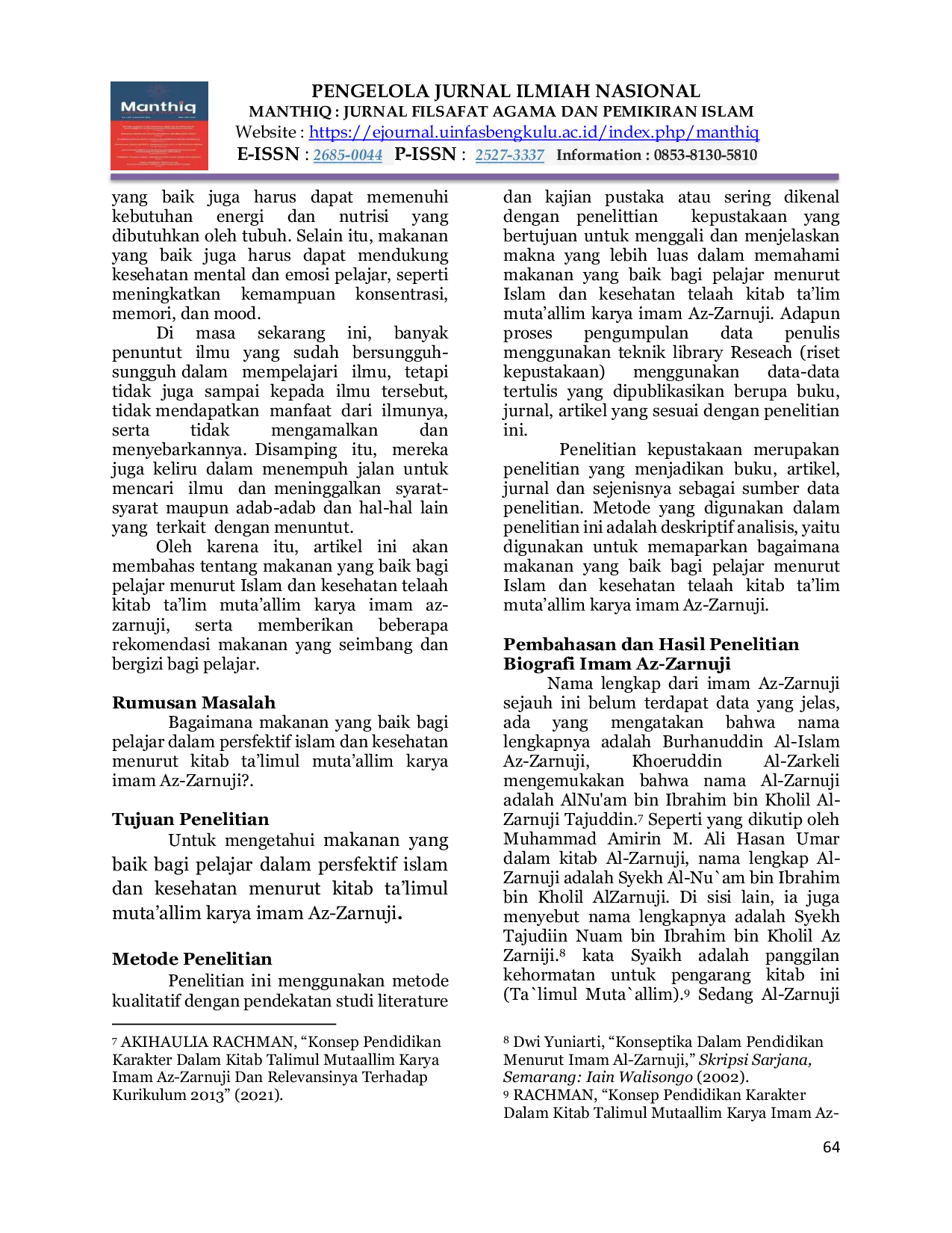 JURIS Makanan bagi Pelajar dalam Persfektif Islam Kesehatan Tela ah Kitab Ta limul Muta allim Karya Imam Az Zarnuji