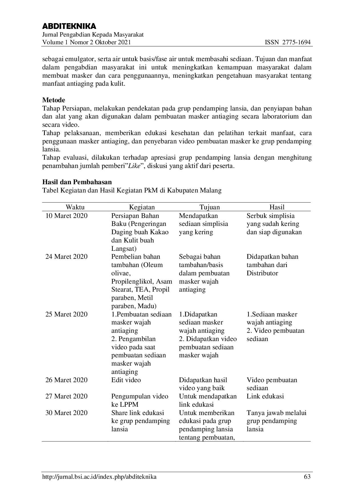 JURIS Pemberdayaan Masyarakat Pendamping Lansia Dalam Edukasi dan Pembuatan Masker Wajah Antiaging di Masa Pandemi Covid 19