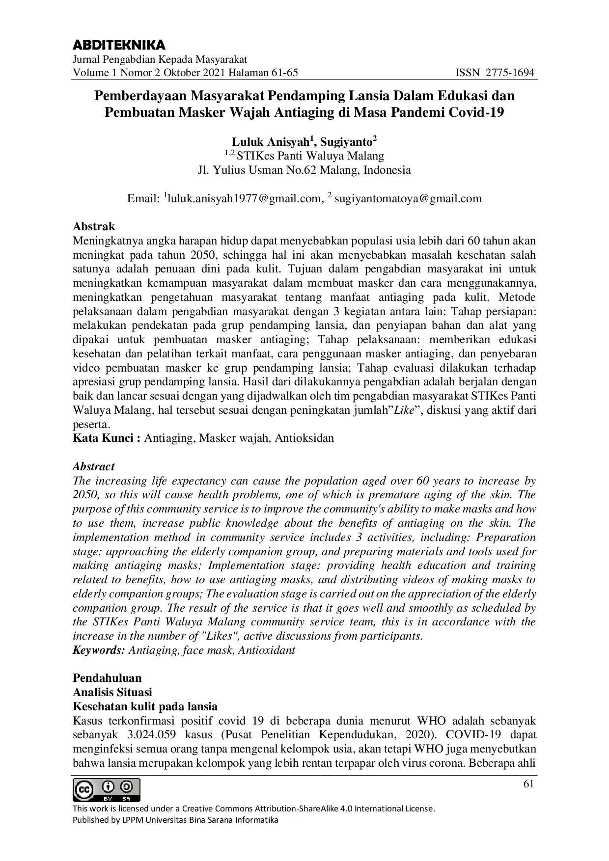JURIS Pemberdayaan Masyarakat Pendamping Lansia Dalam Edukasi dan Pembuatan Masker Wajah Antiaging di Masa Pandemi Covid 19