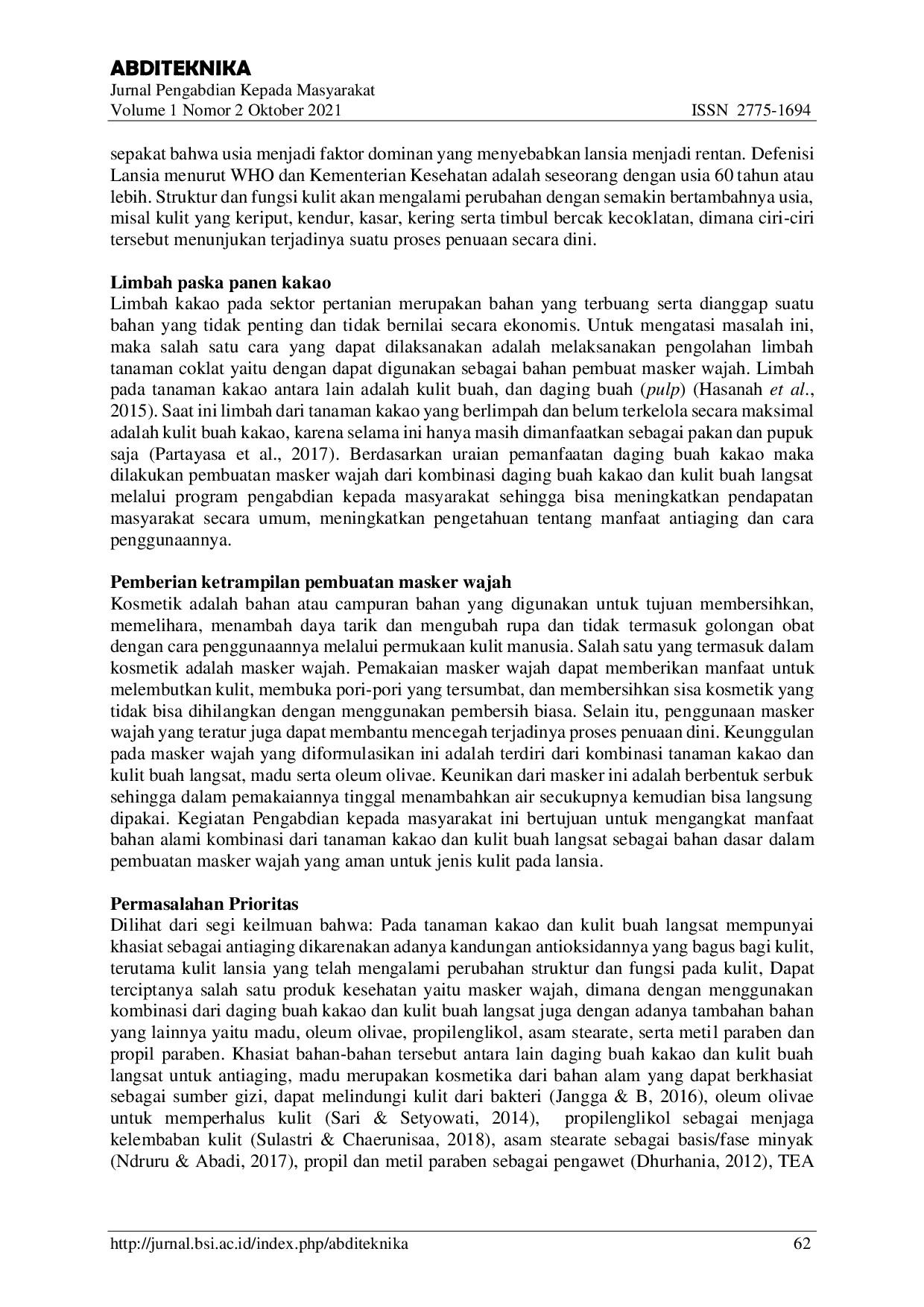 JURIS Pemberdayaan Masyarakat Pendamping Lansia Dalam Edukasi dan Pembuatan Masker Wajah Antiaging di Masa Pandemi Covid 19