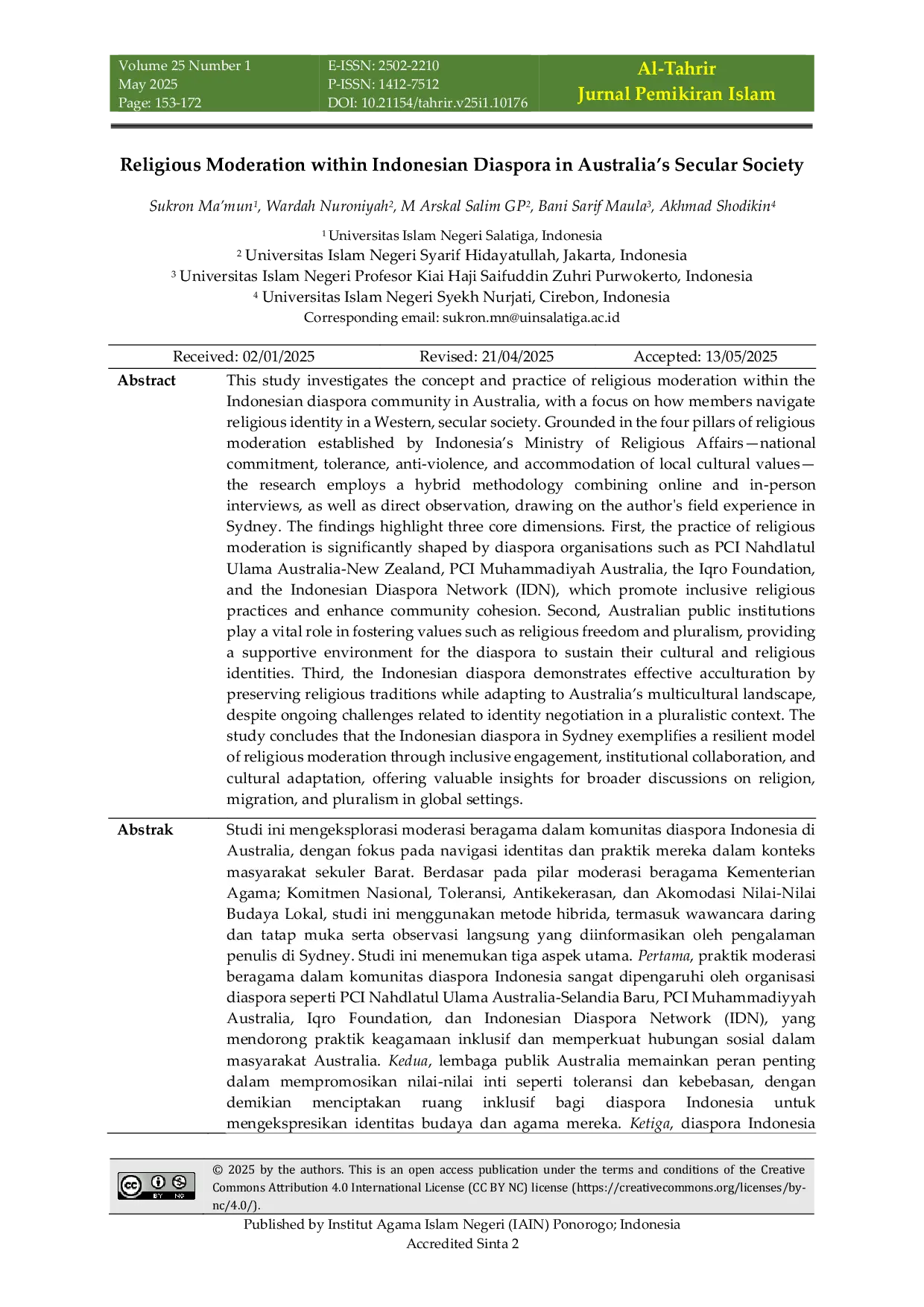 JURIS Religious Moderation within Indonesian Diaspora in Australia s Secular Society