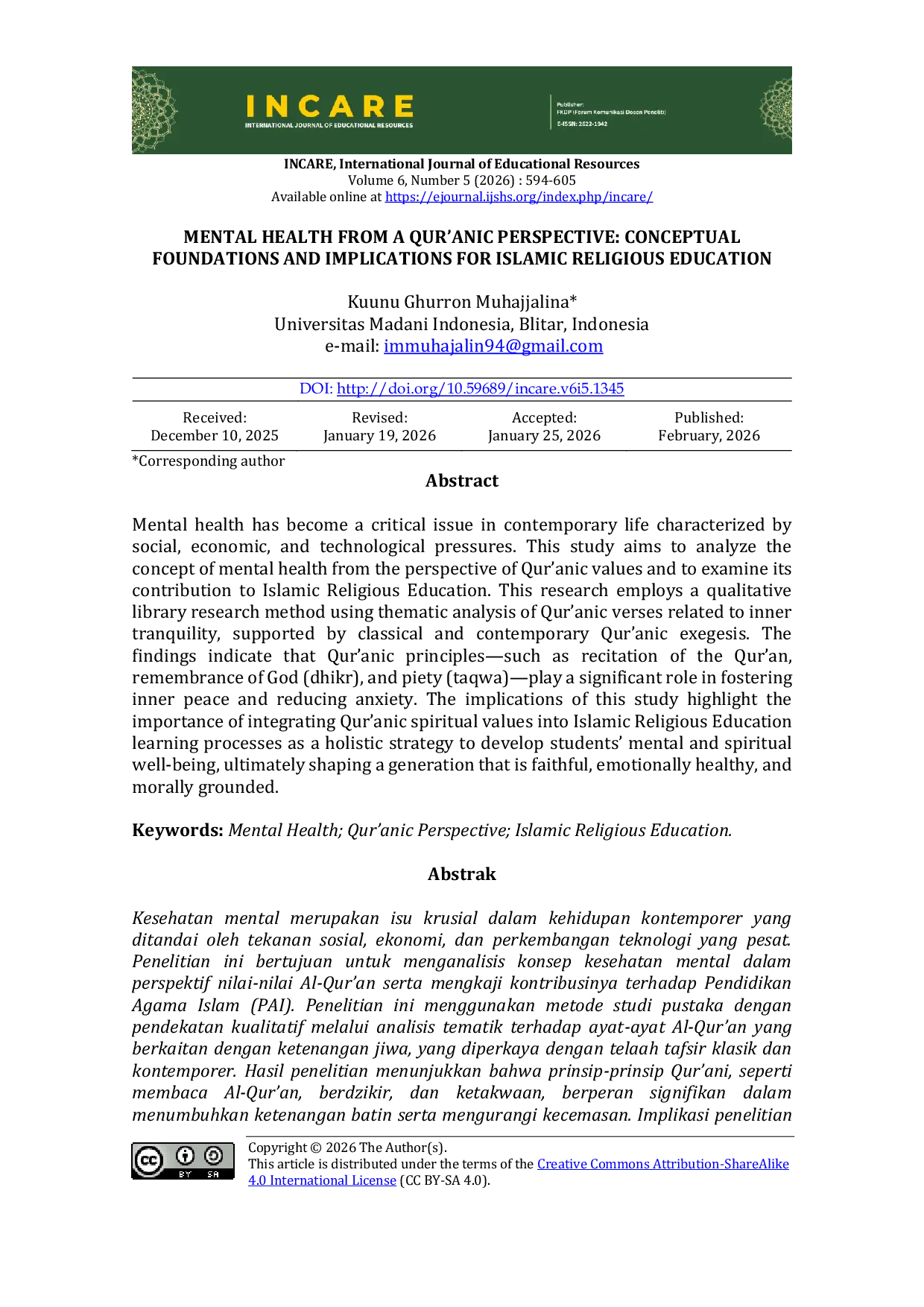 JURIS Mental Health from a Qur anic Perspective Conceptual Foundations and Implications for Islamic Religious Education