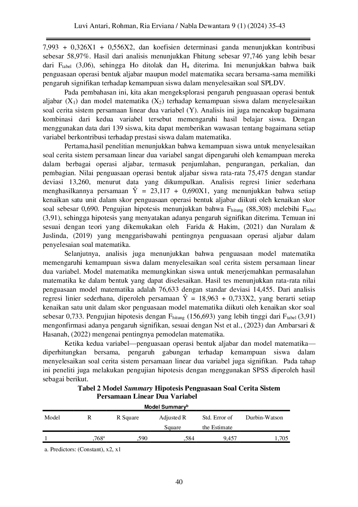 JURIS DAMPAK KEMAHIRAN OPERASI ALJABAR DAN MODEL MATEMATIKA TERHADAP KEMAMPUAN MENYELESAIKAN SOAL CERITA SPLDV Kajian Pada Siswa Kelas VIII SMP