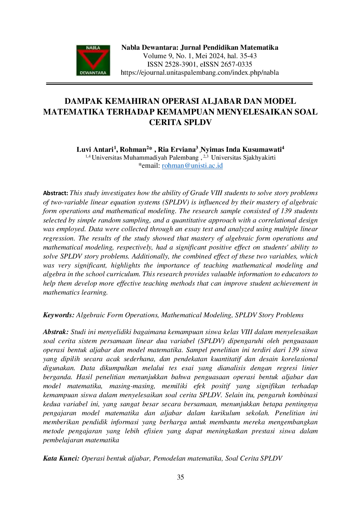 JURIS DAMPAK KEMAHIRAN OPERASI ALJABAR DAN MODEL MATEMATIKA TERHADAP KEMAMPUAN MENYELESAIKAN SOAL CERITA SPLDV Kajian Pada Siswa Kelas VIII SMP