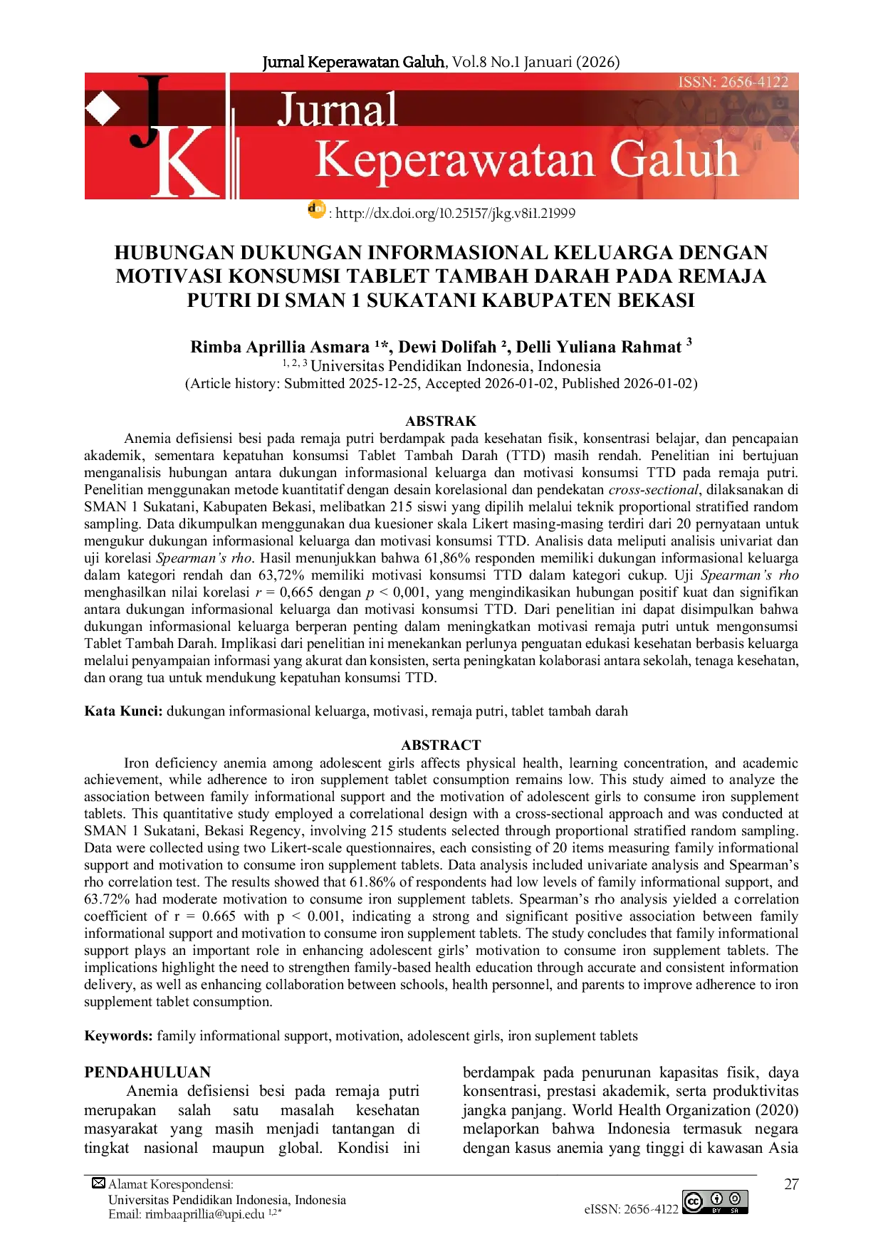 JURIS Hubungan Dukungan Informasional Keluarga dengan Motivasi Konsumsi Tablet Tambah Darah pada Remaja Putri di SMAN 1 Sukatani Kabupaten Bekasi