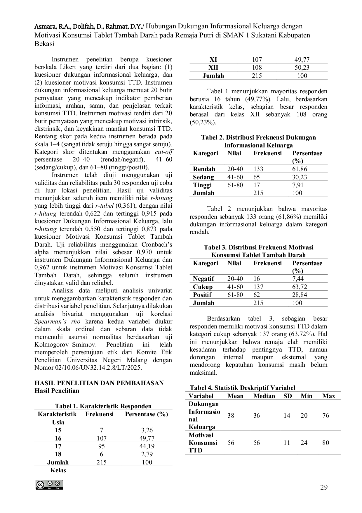 JURIS Hubungan Dukungan Informasional Keluarga dengan Motivasi Konsumsi Tablet Tambah Darah pada Remaja Putri di SMAN 1 Sukatani Kabupaten Bekasi