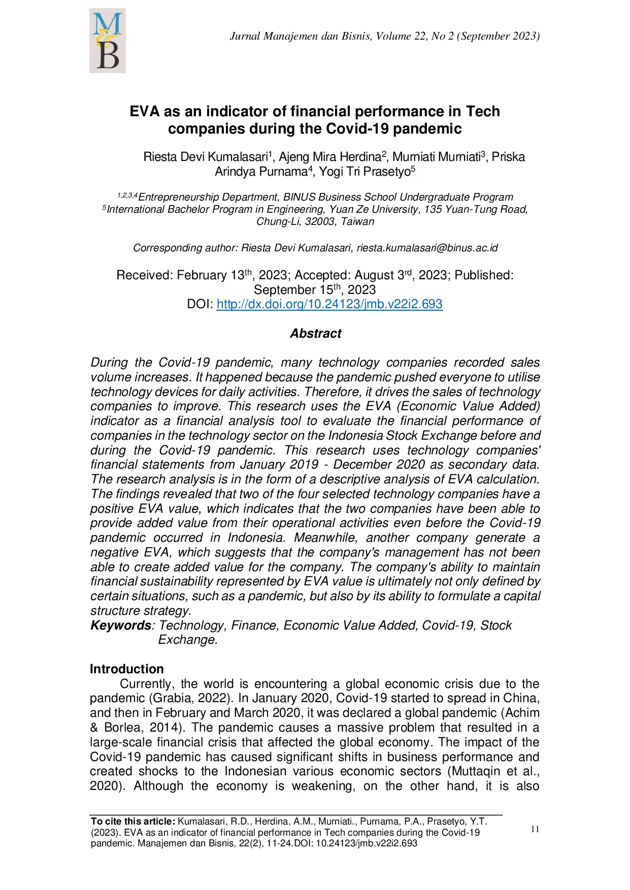 JURIS EVA as an indicator of financial performance in Tech companies during the Covid 19 pandemic