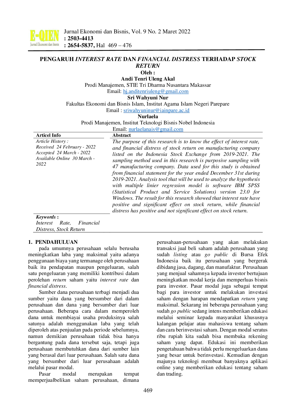 JURIS Pengaruh Interest Rate Dan Financial Distress Terhadap Stock Return