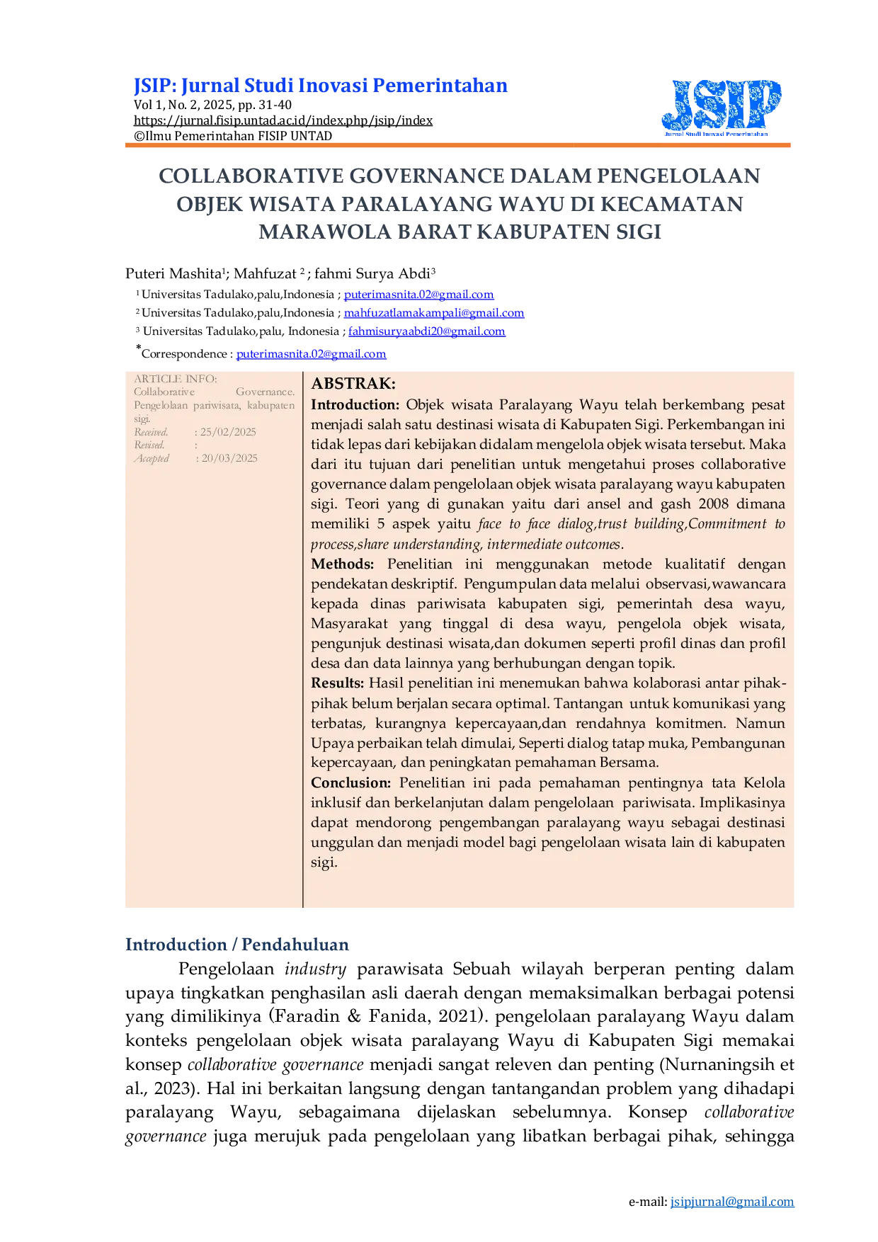 JURIS Collaborative Governance dalam Pengelolaan Objek Wisata Paralayang Wayu di Kecamatan Marawola Barat Kabupaten Sigi