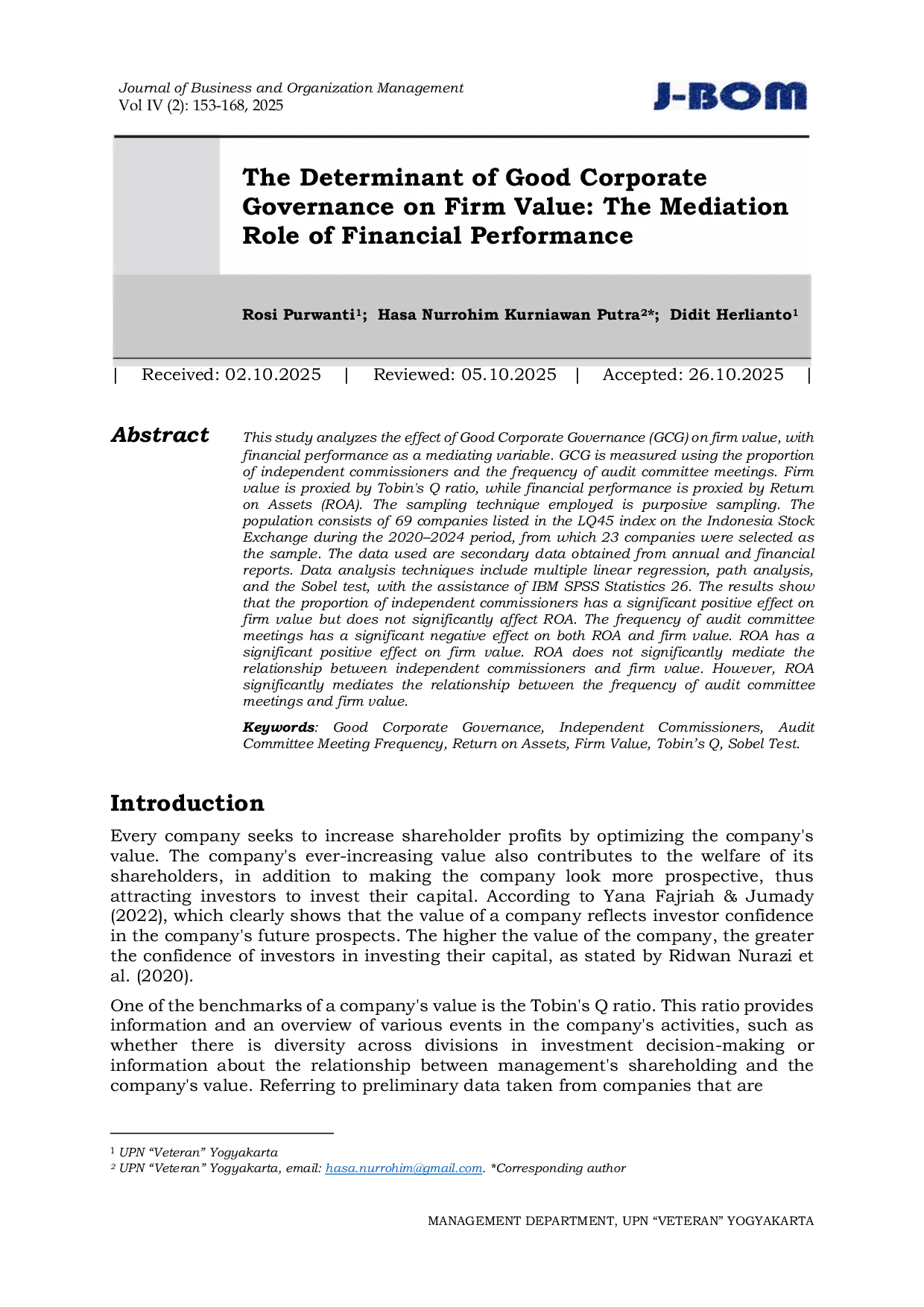 JURIS The Determinant of Good Corporate Governance on Firm Value The Mediation Role of Financial Performance