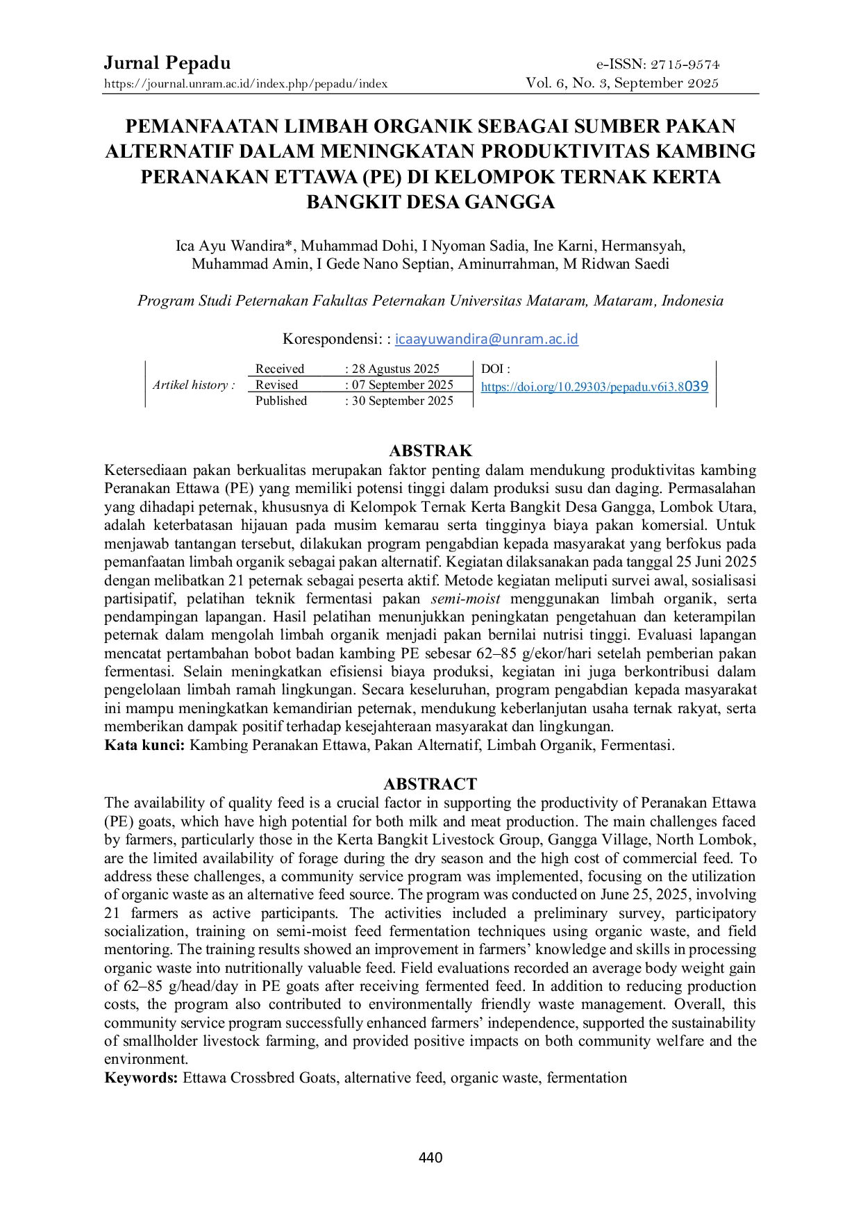 JURIS Pemanfaatan Limbah Organik Sebagai Sumber Pakan Alternatif Dalam Meningkatkan Produktivitas Kambing Peranakan Ettawa PE Di Kelompok Ternak Kerta Bangkit Desa Gangga