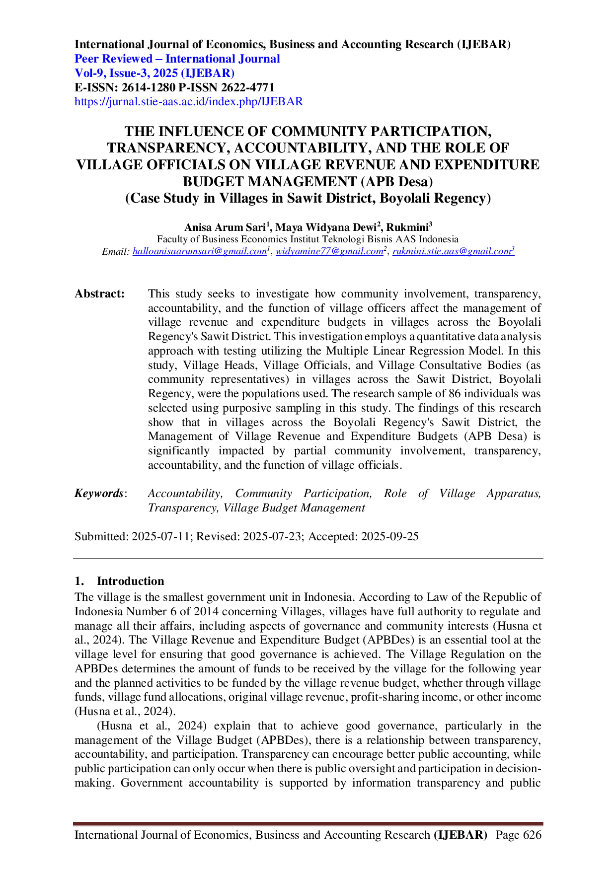 juris THE INFLUENCE OF COMMUNITY PARTICIPATION TRANSPARENCY ACCOUNTABILITY AND THE ROLE OF VILLAGE OFFICIALS ON VILLAGE REVENUE AND EXPENDITURE BUDGET MANAGEMENT APB Desa Case Study in Villages in S