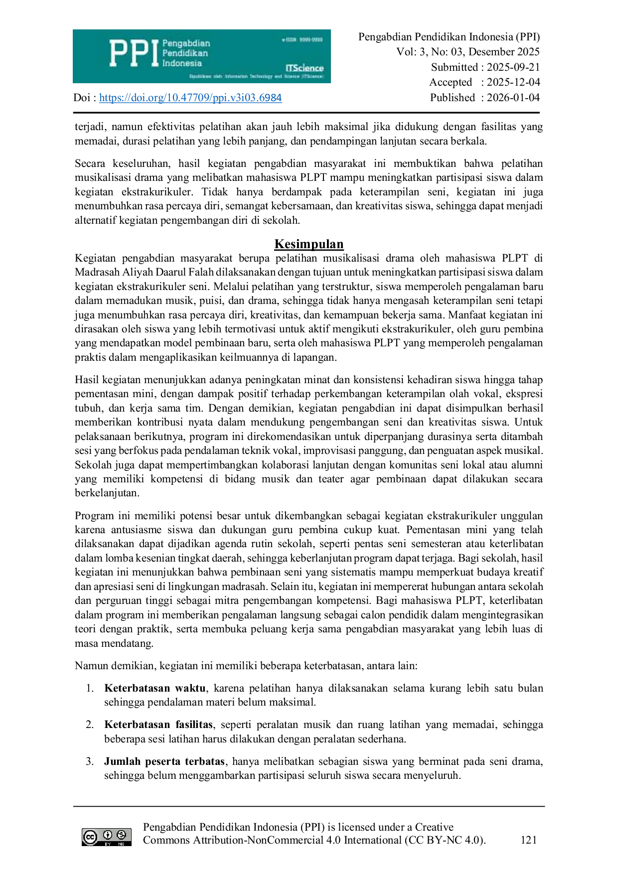 JURIS Pelatihan Musikalisasi Drama oleh Mahasiswa PLPT sebagai Upaya Meningkatkan Partisipasi Siswa dalam Kegiatan Ekstrakurikuler