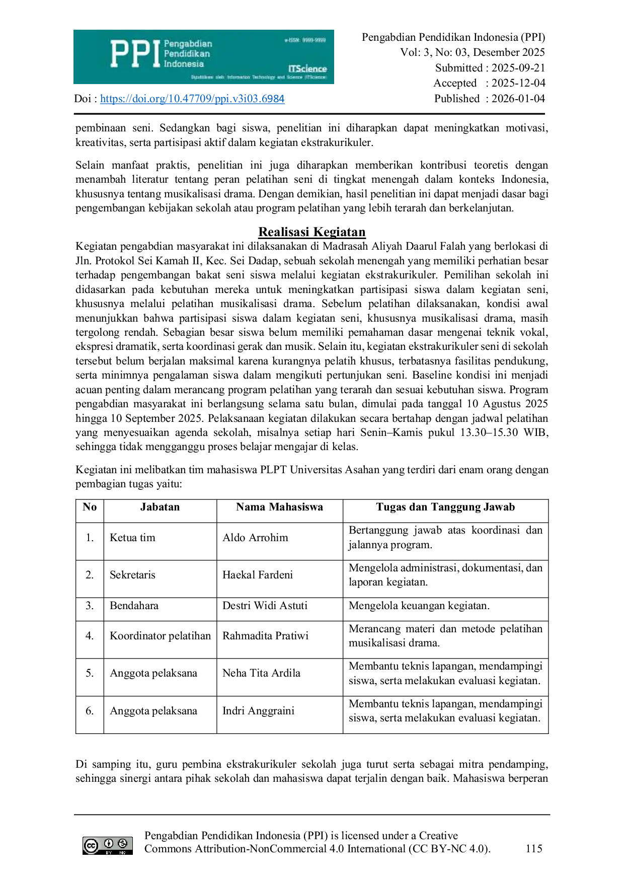 JURIS Pelatihan Musikalisasi Drama oleh Mahasiswa PLPT sebagai Upaya Meningkatkan Partisipasi Siswa dalam Kegiatan Ekstrakurikuler