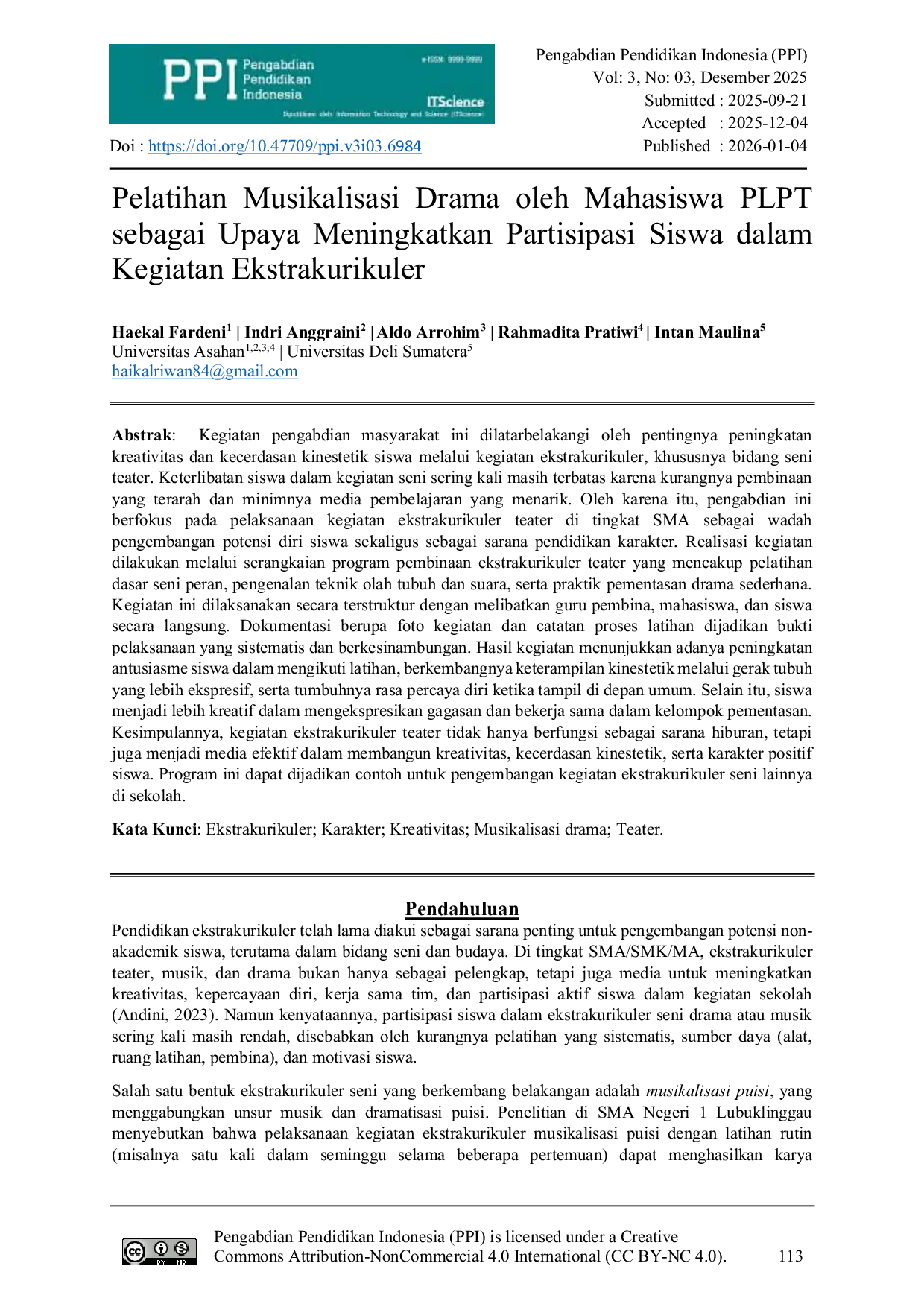 JURIS Pelatihan Musikalisasi Drama oleh Mahasiswa PLPT sebagai Upaya Meningkatkan Partisipasi Siswa dalam Kegiatan Ekstrakurikuler