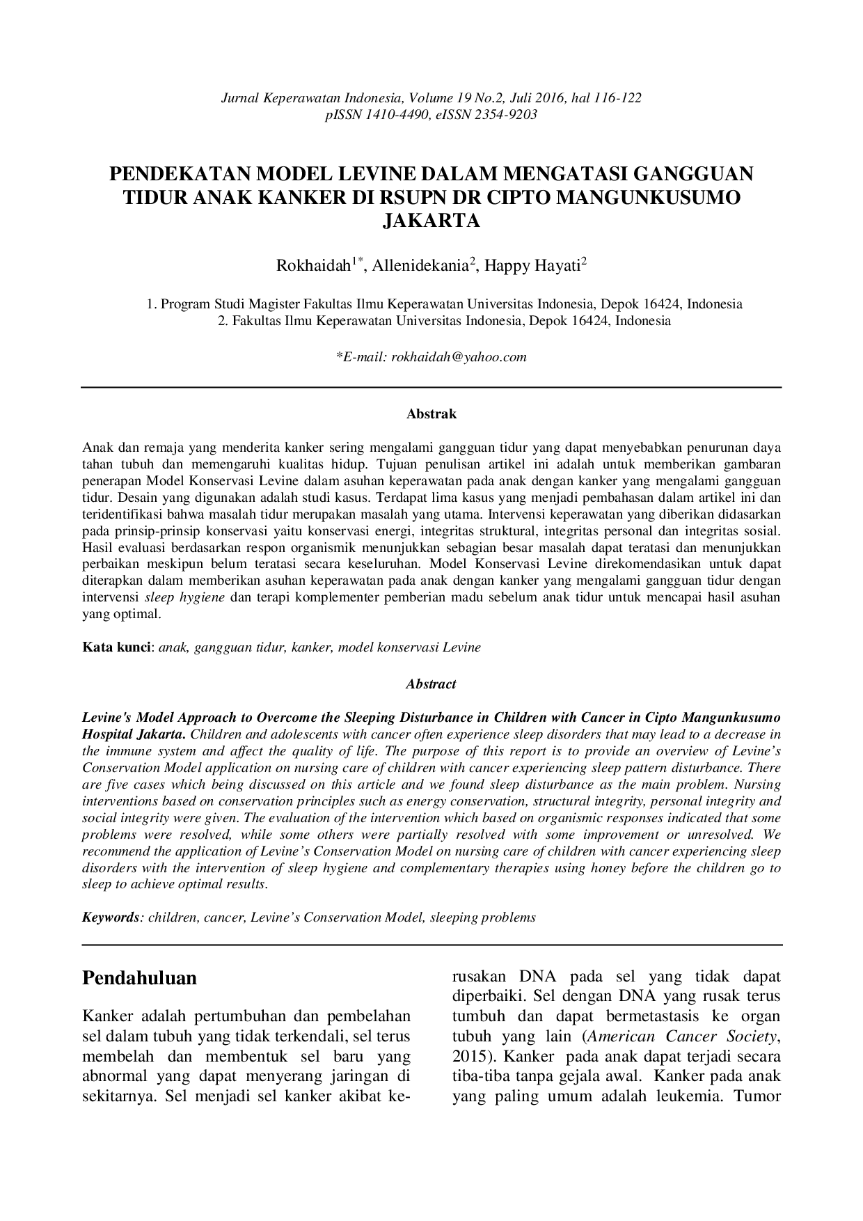 juris Pendekatan Model Levine dalam Mengatasi Gangguan Tidur Anak Kanker Di RSUPN Dr Cipto Mangunkusumo Jakarta