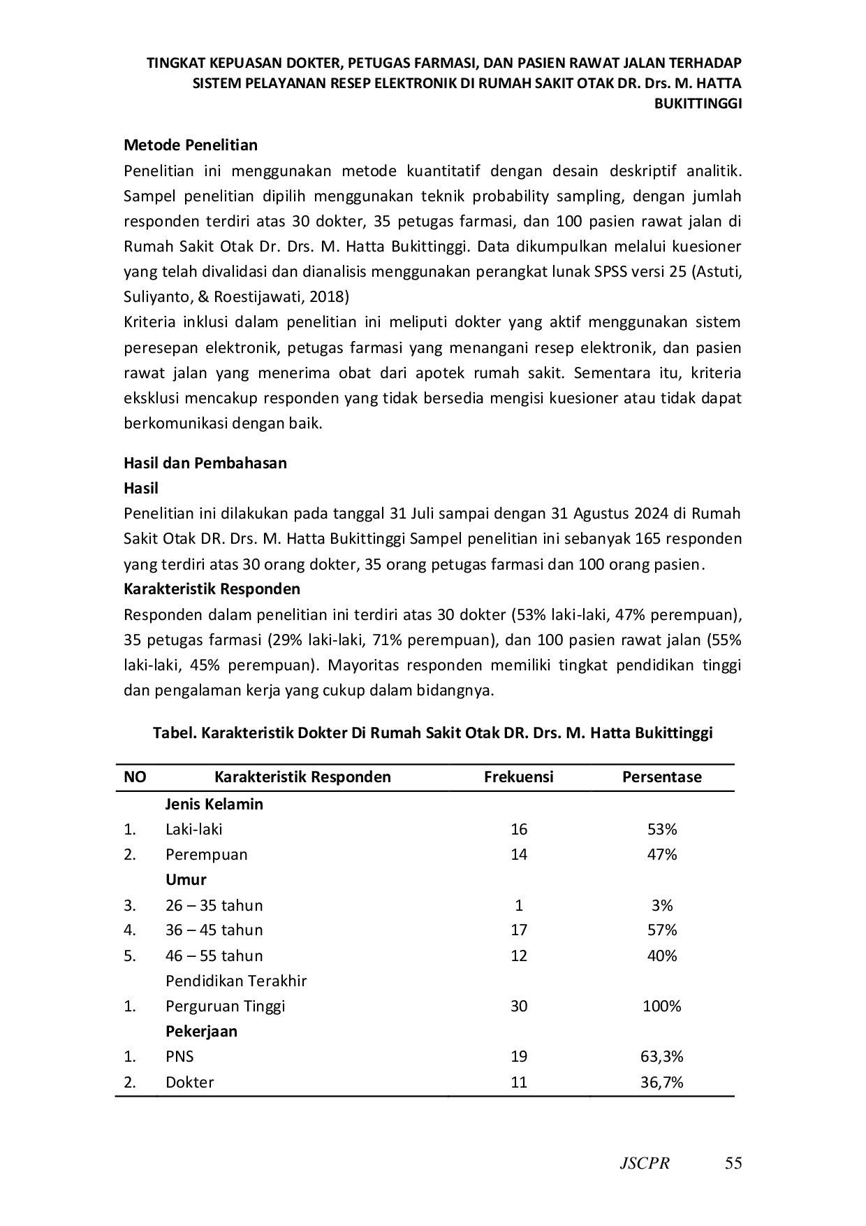 JURIS TINGKAT KEPUASAN DOKTER PETUGAS FARMASI DAN PASIEN RAWAT JALAN TERHADAP SISTEM PELAYANAN RESEP ELEKTRONIK DI RUMAH SAKIT OTAK DR Drs M HATTA BUKITTINGGI