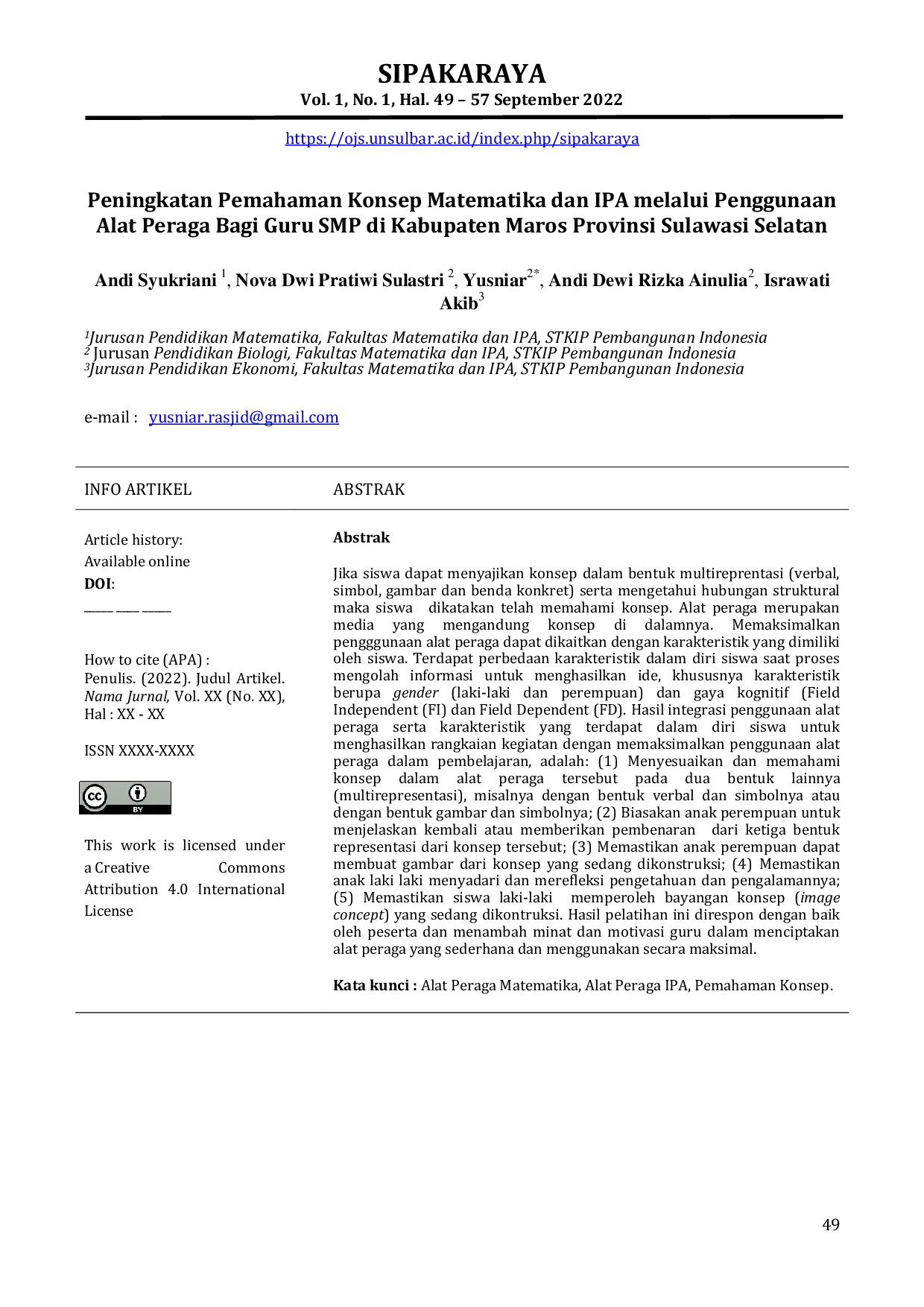 JURIS Peningkatan Pemahaman Konsep Matematika dan IPA melalui Penggunaan Alat Peraga Bagi Guru SMP di Kabupaten Maros Provinsi Sulawasi Selatan