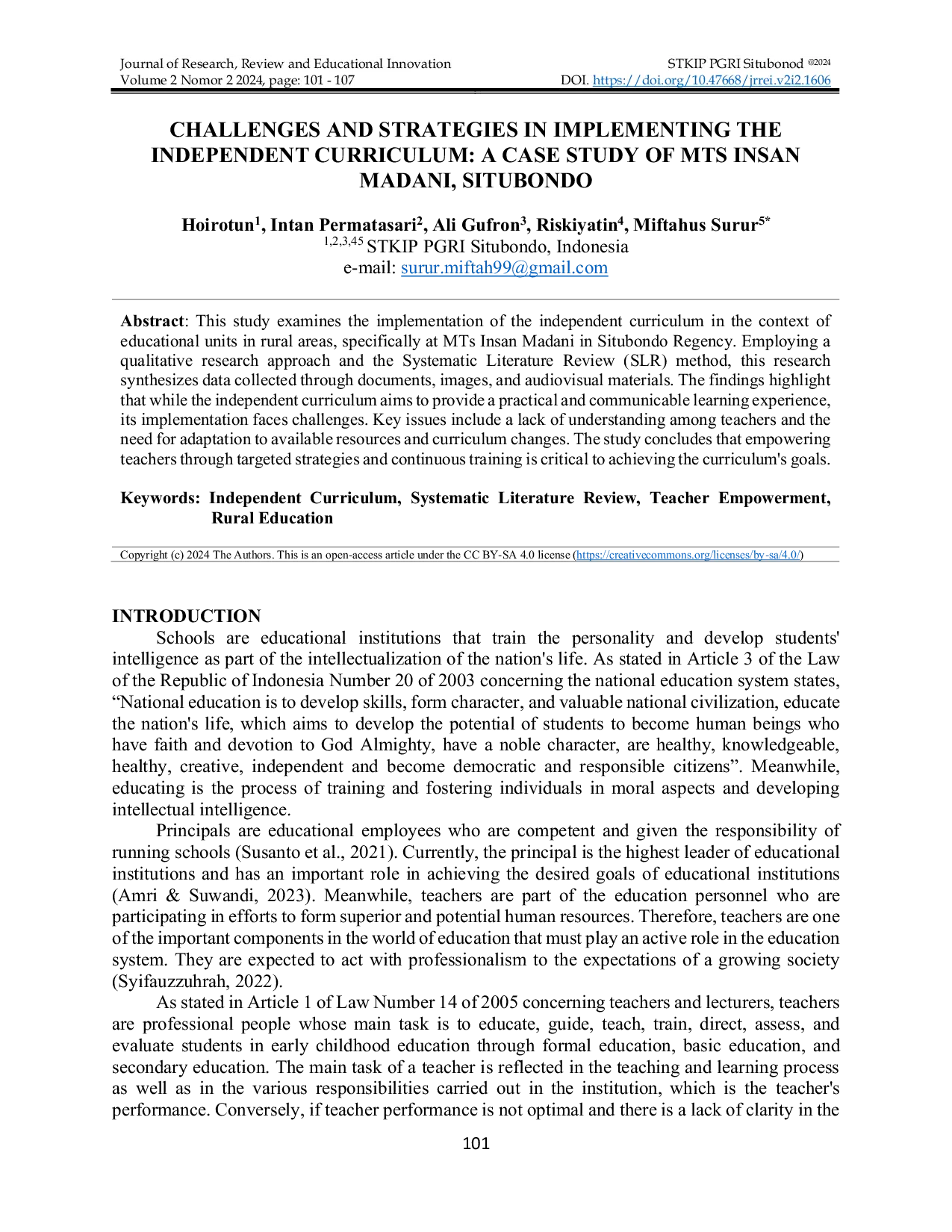 JURIS Challenges And Strategies In Implementing The Independent Curriculum A Case Study Of Mts Insan Madani Situbondo