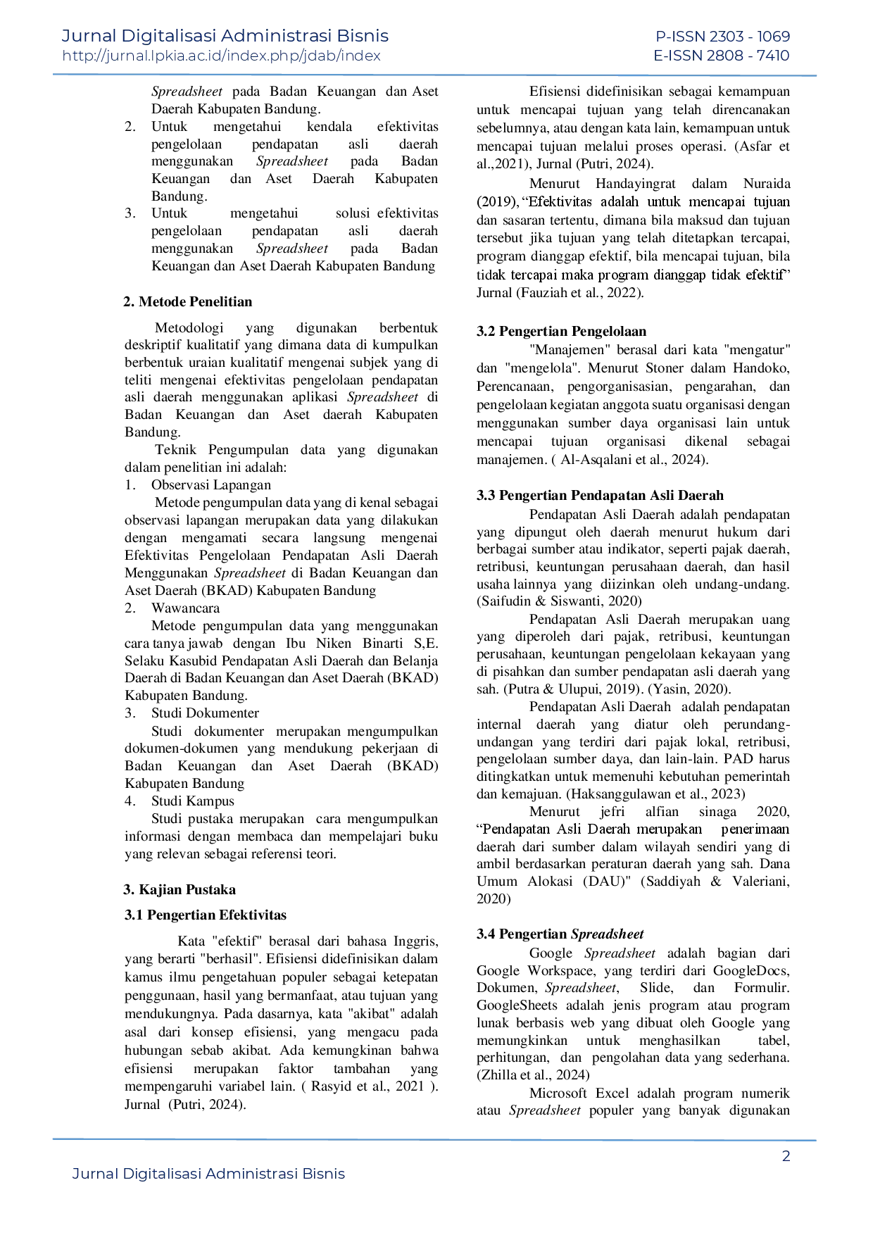 juris Efektivitas Pengelolaan Pendapatan Asli Daerah Menggunakan Spreadsheet Pada Badan Keuangan Dan Aset Daerah Bkad Kabupaten Bandung