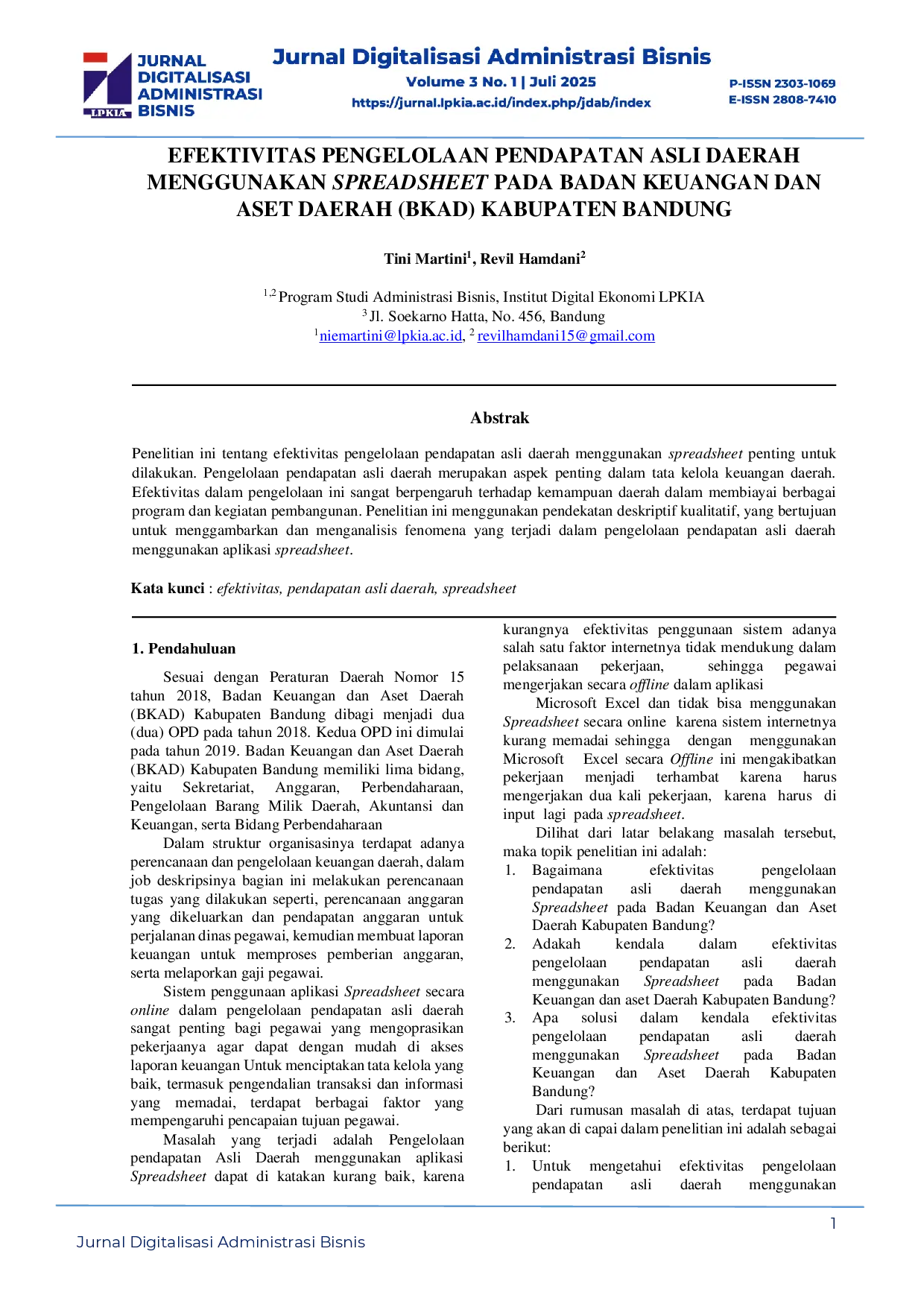 juris Efektivitas Pengelolaan Pendapatan Asli Daerah Menggunakan Spreadsheet Pada Badan Keuangan Dan Aset Daerah Bkad Kabupaten Bandung