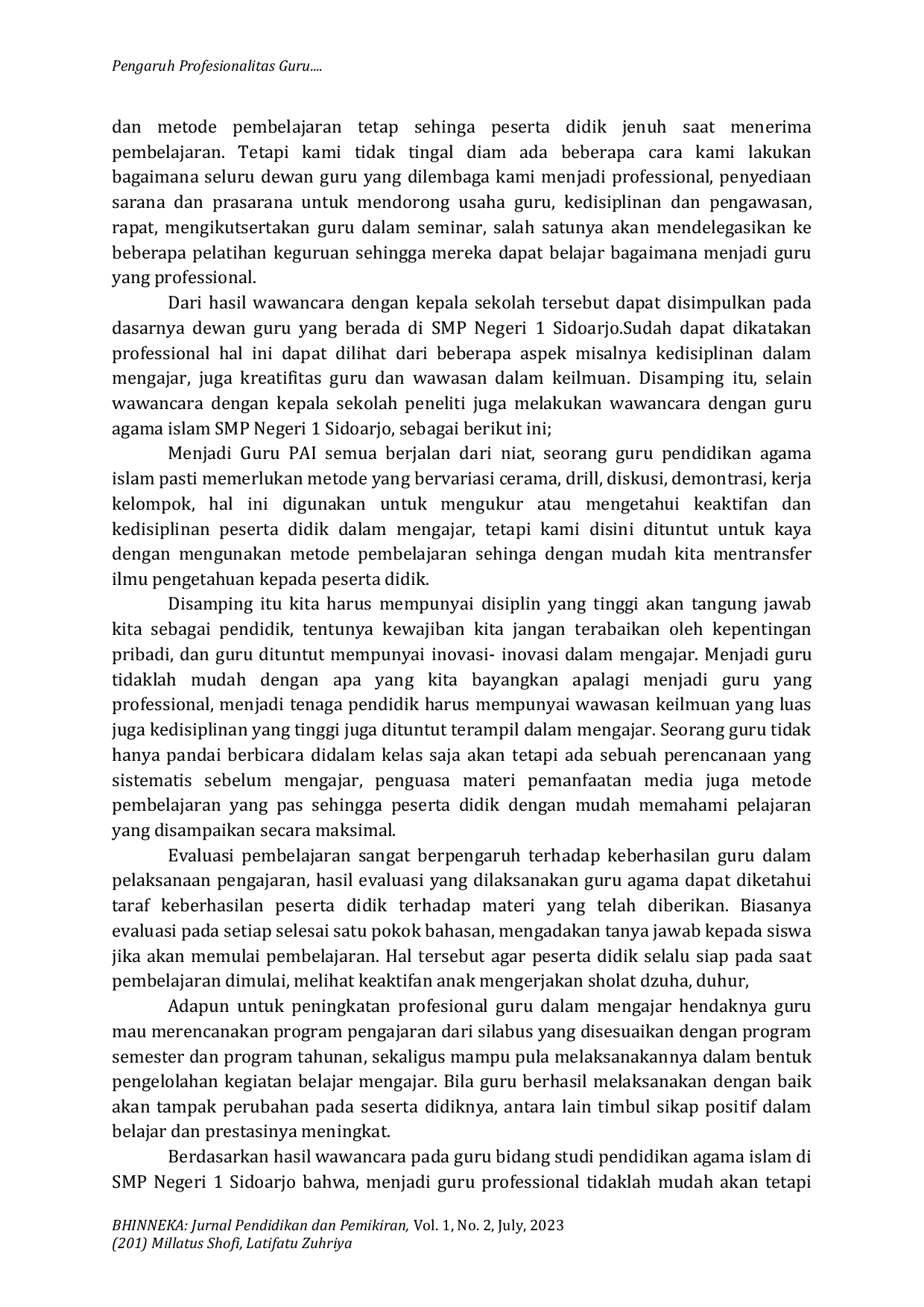 JURIS Pengaruh Profesionalitas Guru Terhadap Prestasi Belajar Pendidikan Agama Islam Siswa Di SMP Negeri 1 Sidoarjo