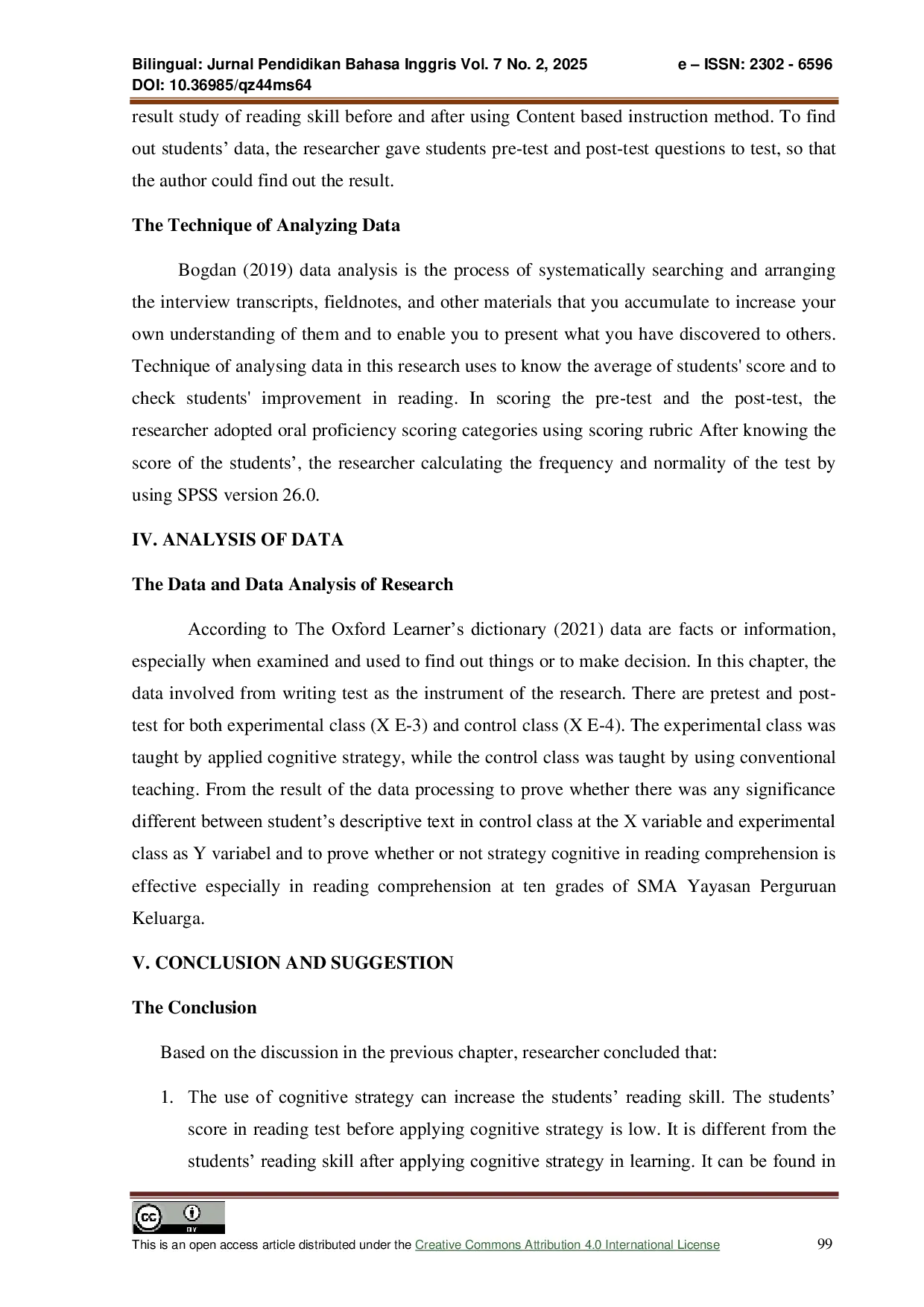 JURIS The Influence of Cognitive Strategies in Student s Reading Comprehension at Yayasan Perguruan Keluarga