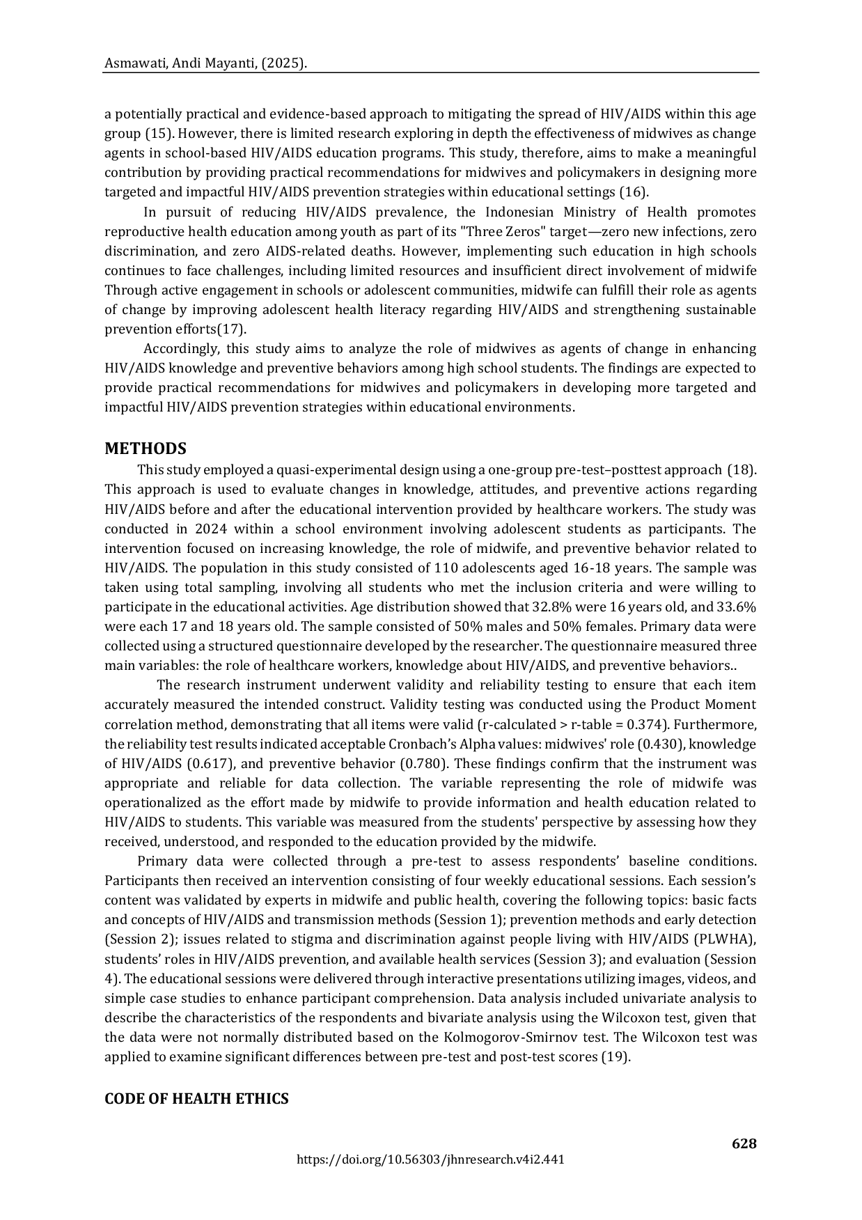 JURIS Midwife As Change Agent Improving HIV AIDS Knowledge and Preventive Behaviors in Senior High School Students