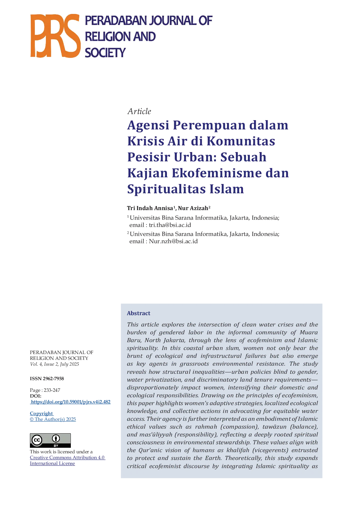 JURIS Agensi Perempuan dalam Krisis Air di Komunitas Pesisir Urban Sebuah Kajian Ekofeminisme dan Spiritualitas Islam