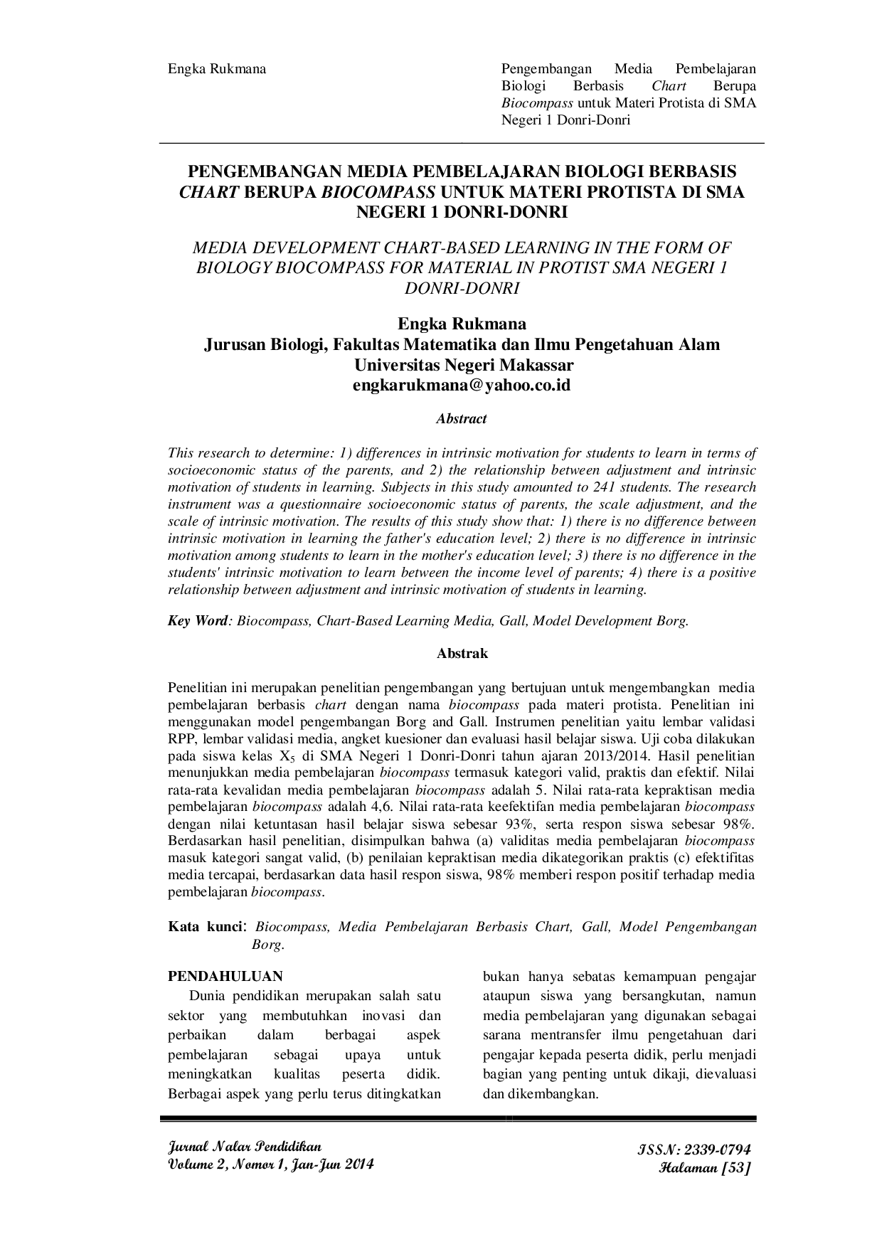 JURIS Pengembangan Media Pembelajaran Biologi Berbasis Chart Berupa Biocompass untuk Materi Protista di SMA Negeri 1 Donri Donri