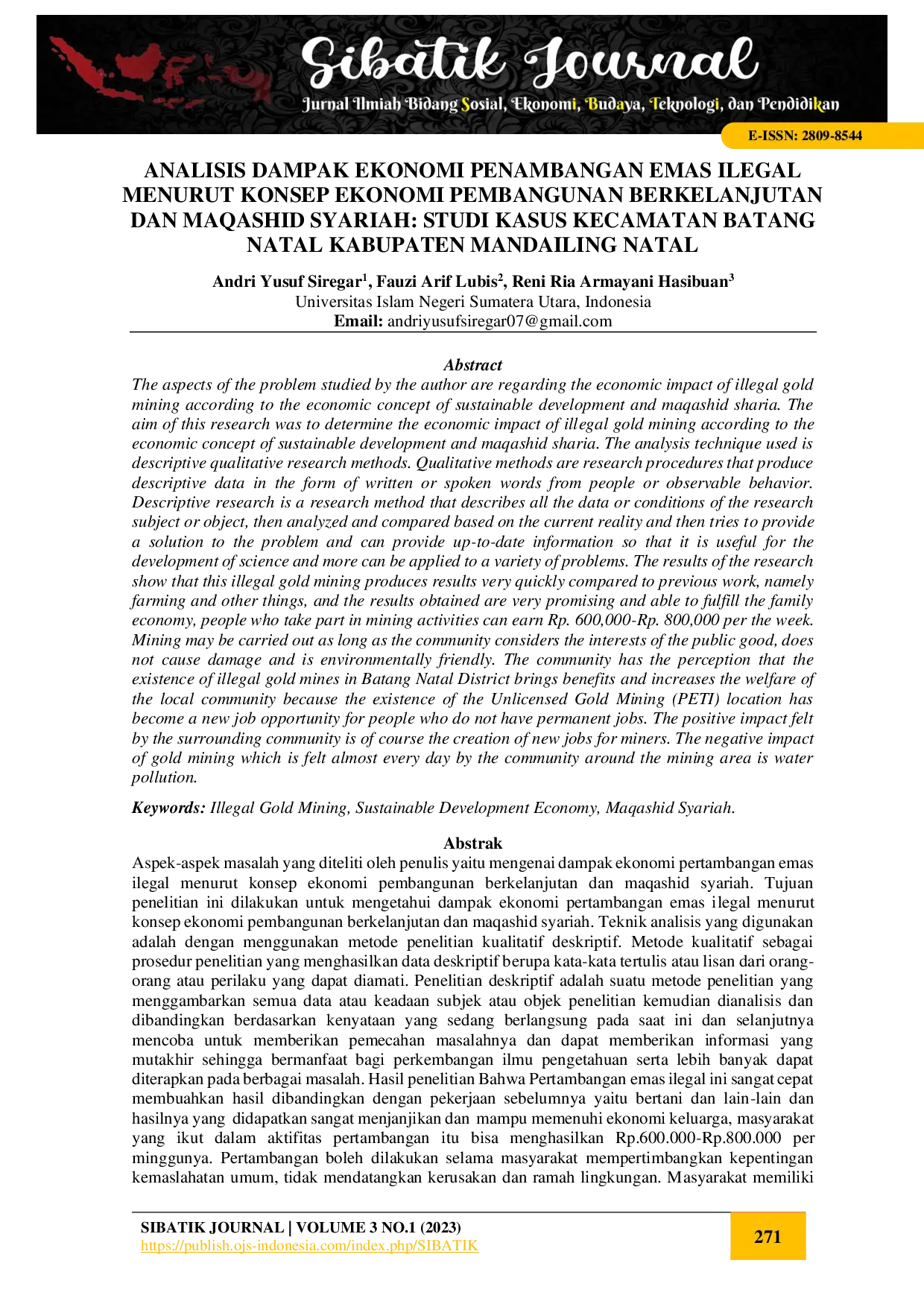 juris Analisis Dampak Ekonomi Penambangan Emas Ilegal Menurut Konsep Ekonomi Pembangunan Berkelanjutan dan Maqashid Syariah Studi Kasus Kecamatan Batang Natal Kabupaten Mandailing Natal