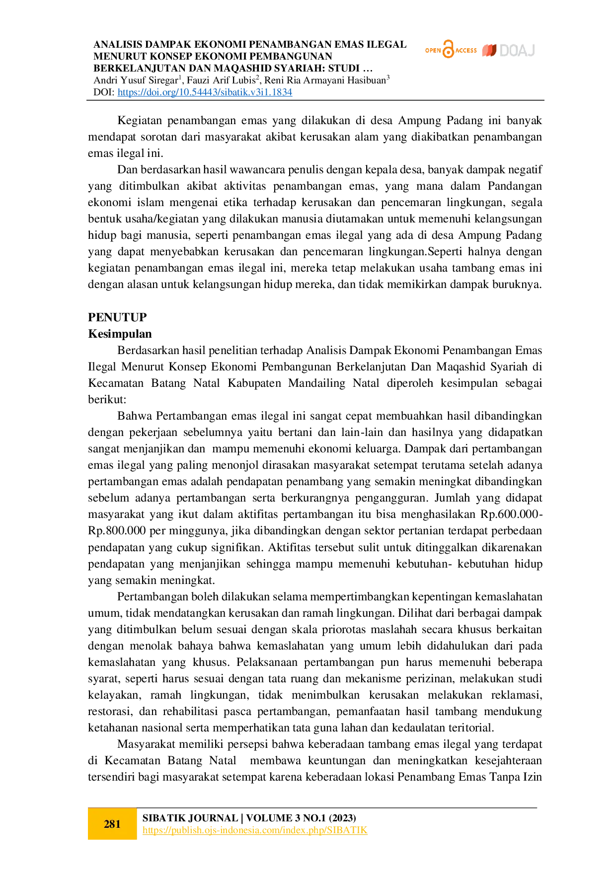 juris Analisis Dampak Ekonomi Penambangan Emas Ilegal Menurut Konsep Ekonomi Pembangunan Berkelanjutan dan Maqashid Syariah Studi Kasus Kecamatan Batang Natal Kabupaten Mandailing Natal