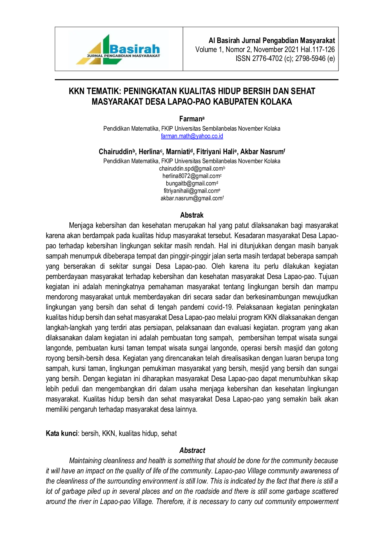 JURIS KKN Tematik Peningkatan Kualitas Hidup Bersih dan Sehat Masyarakat Desa Lapao Pao Kabupaten Kolaka