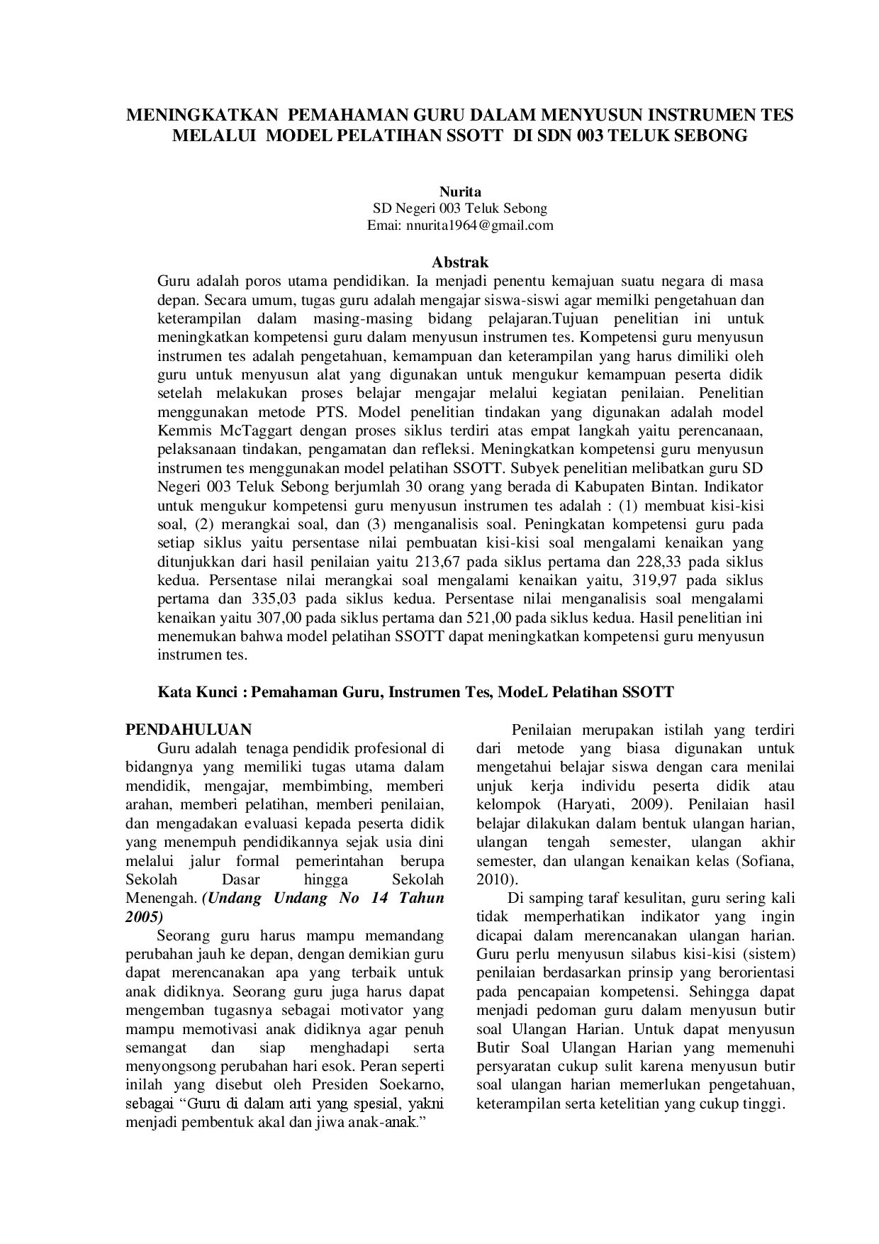 juris Meningkatkan Pemahaman Guru Dalam Menyusun Instrumen Tes Melalui Model Pelatihan SSOTT Di SDN 003 Teluk Sebong