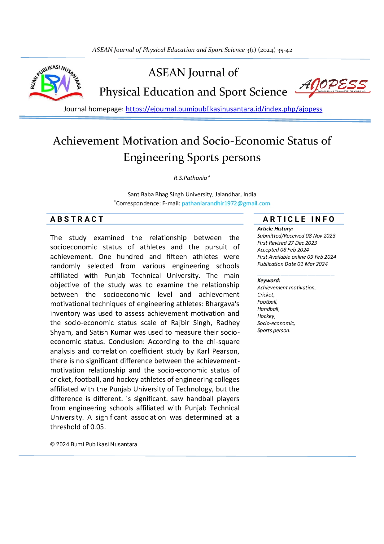 JURIS Achievement Motivation and Socio Economic Status of Engineering Sports persons