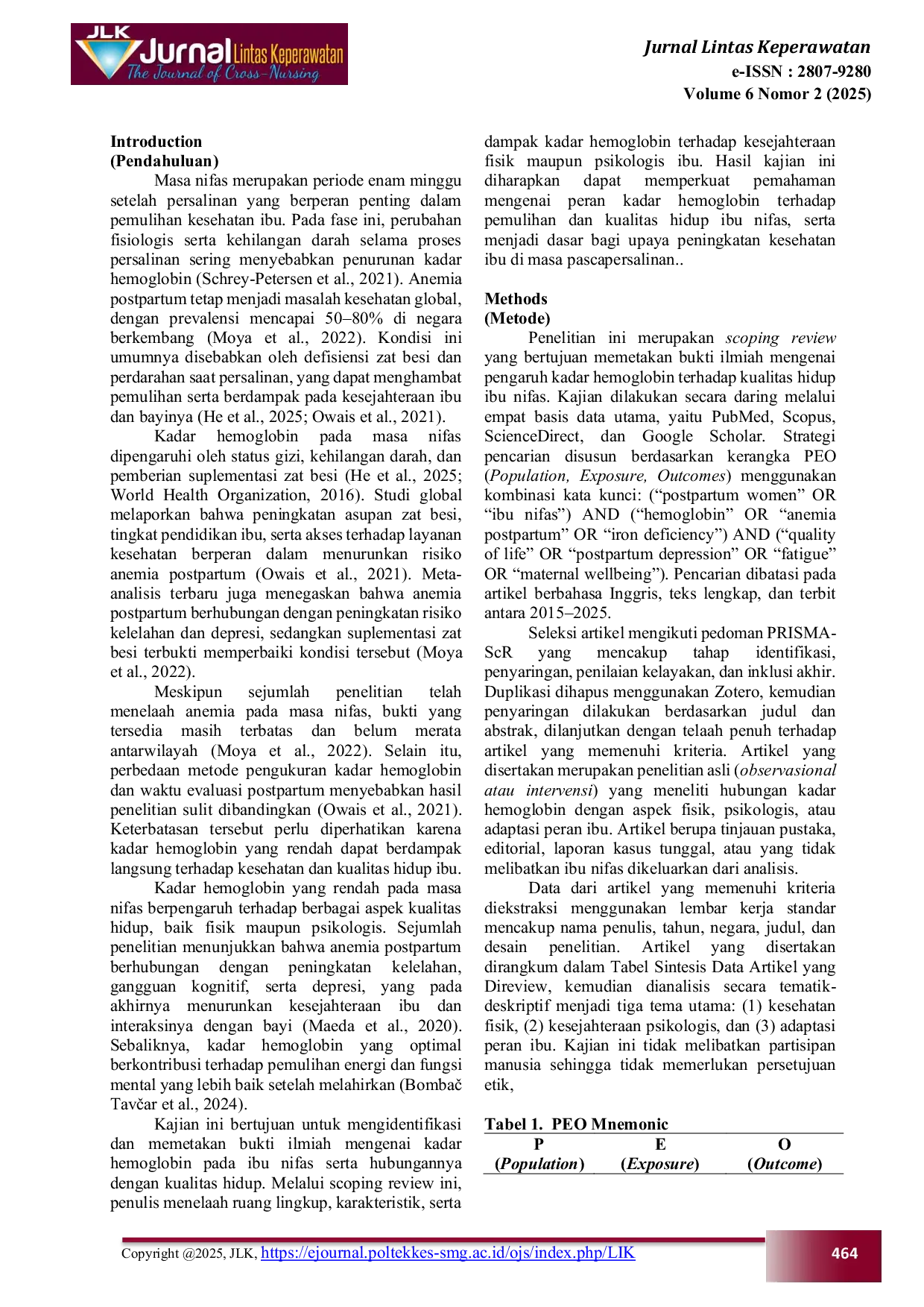 JURIS Anemia Postpartum dan Dampaknya terhadap Kualitas Hidup Ibu Nifas Scoping Review